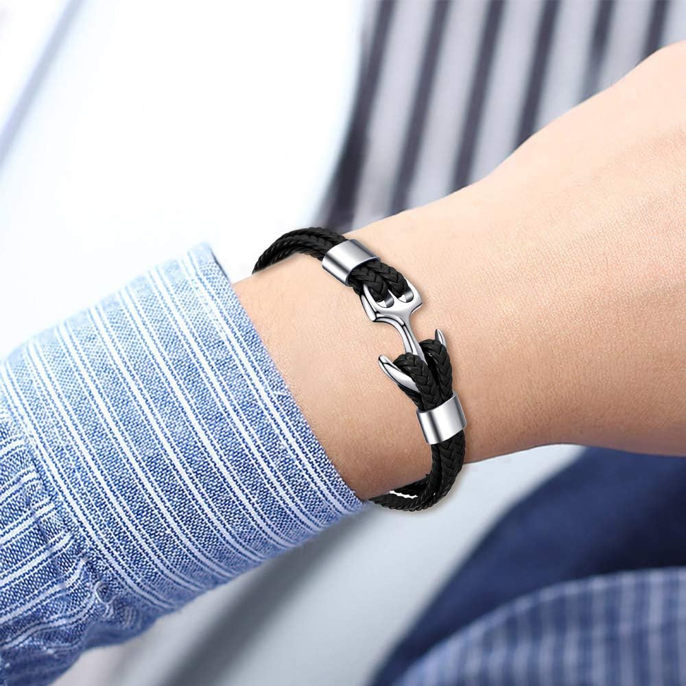 MicLee Men's Vintage Anchor Leather Bracelet Multilayer Bracelet Cuff Wrap Rope Wristband with Gift Box - Image 2