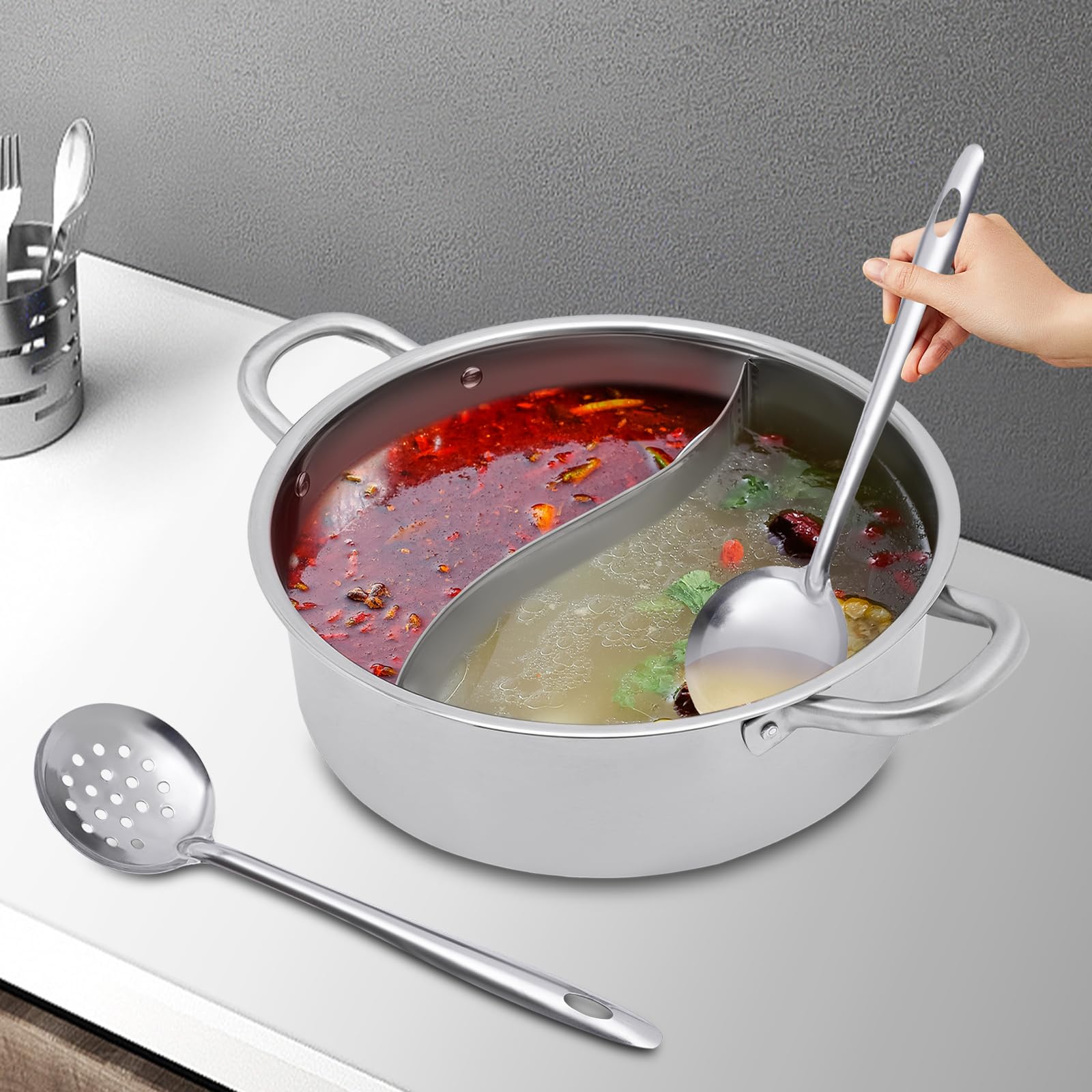 MINRS 304 acciaio inossidabile alimentare shabu 30 cm mandarino duck hot pot con coperchio e cucchiaio, due camere shabu shabu acciaio inox pentola profonda utilizzata con fornello a induzione argento