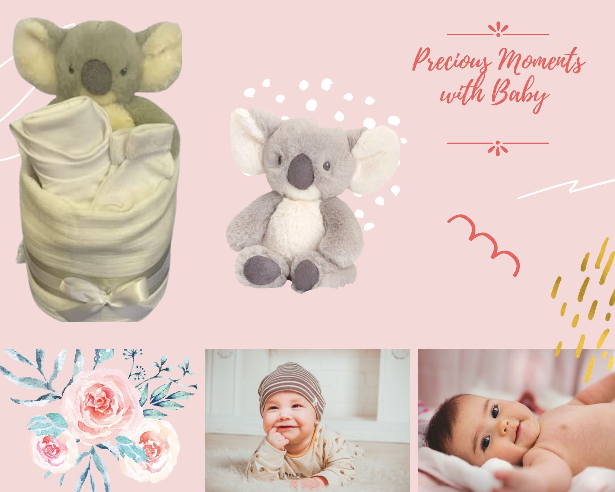 Koala Gâteau de Couches Unisexe Cadeau de Bébé Neutre Mousseline Carré Wrap 9 Couches Bavoir Chaussettes Peluche Gris