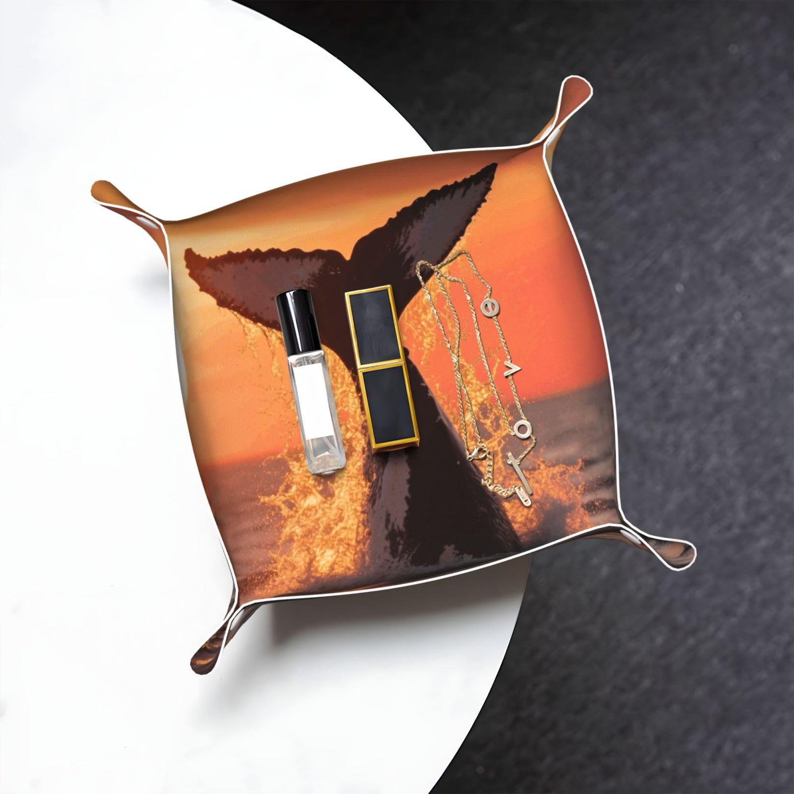 Sunset Humpback Whale Valet Tray Organizer Pu Leather Travel Catchall Tray Organizer Portable Jewelry Tray Storage Keys Tray for Entryway Table Coins Watches Candy