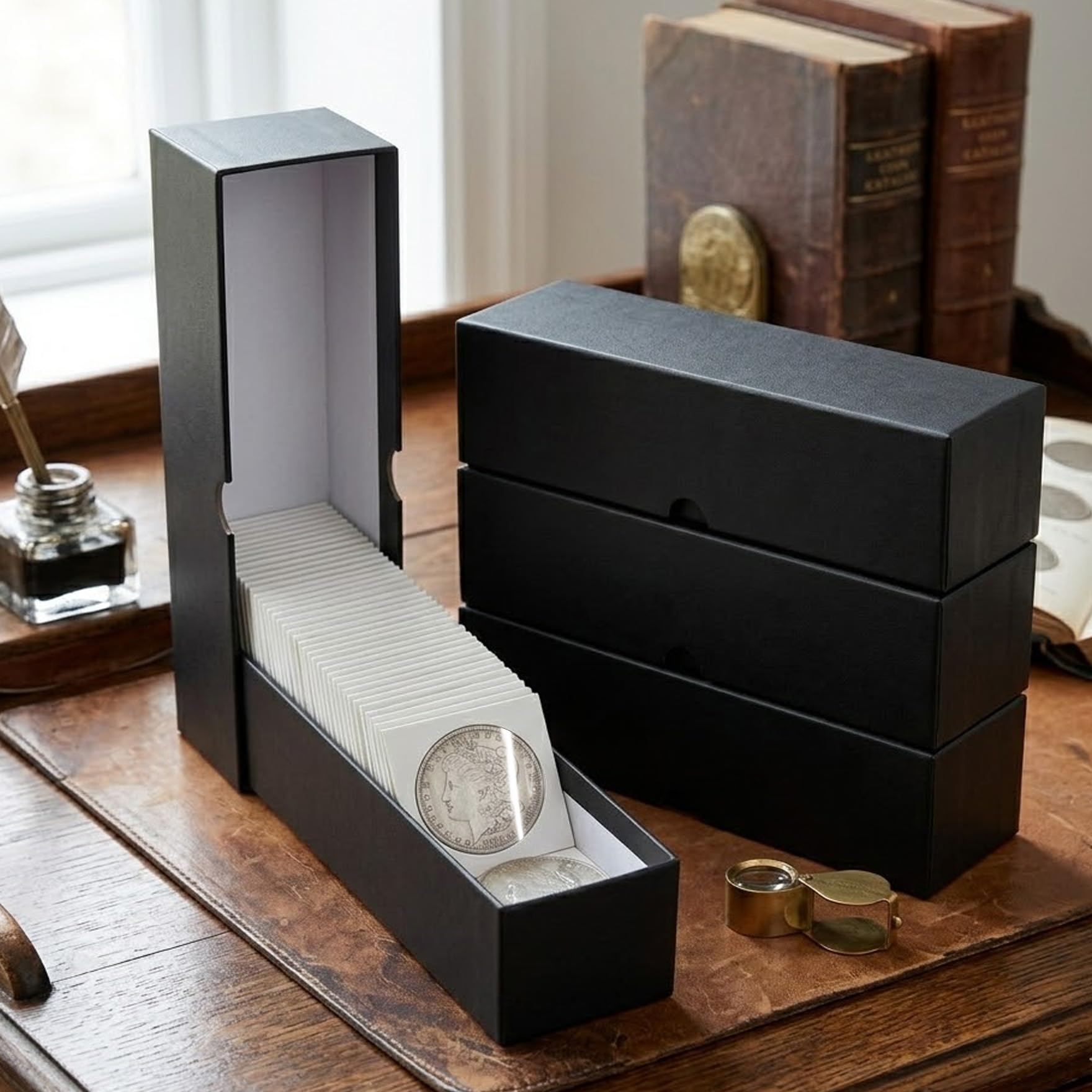 Klmnop Lot de 300 rabats pour pièces de monnaie avec 3 boîtes de rangement de 5 x 5 cm, porte-pièces en carton pour pièces de monnaie de 6 tailles, étui de rangement pour pièces de monnaie (noir)