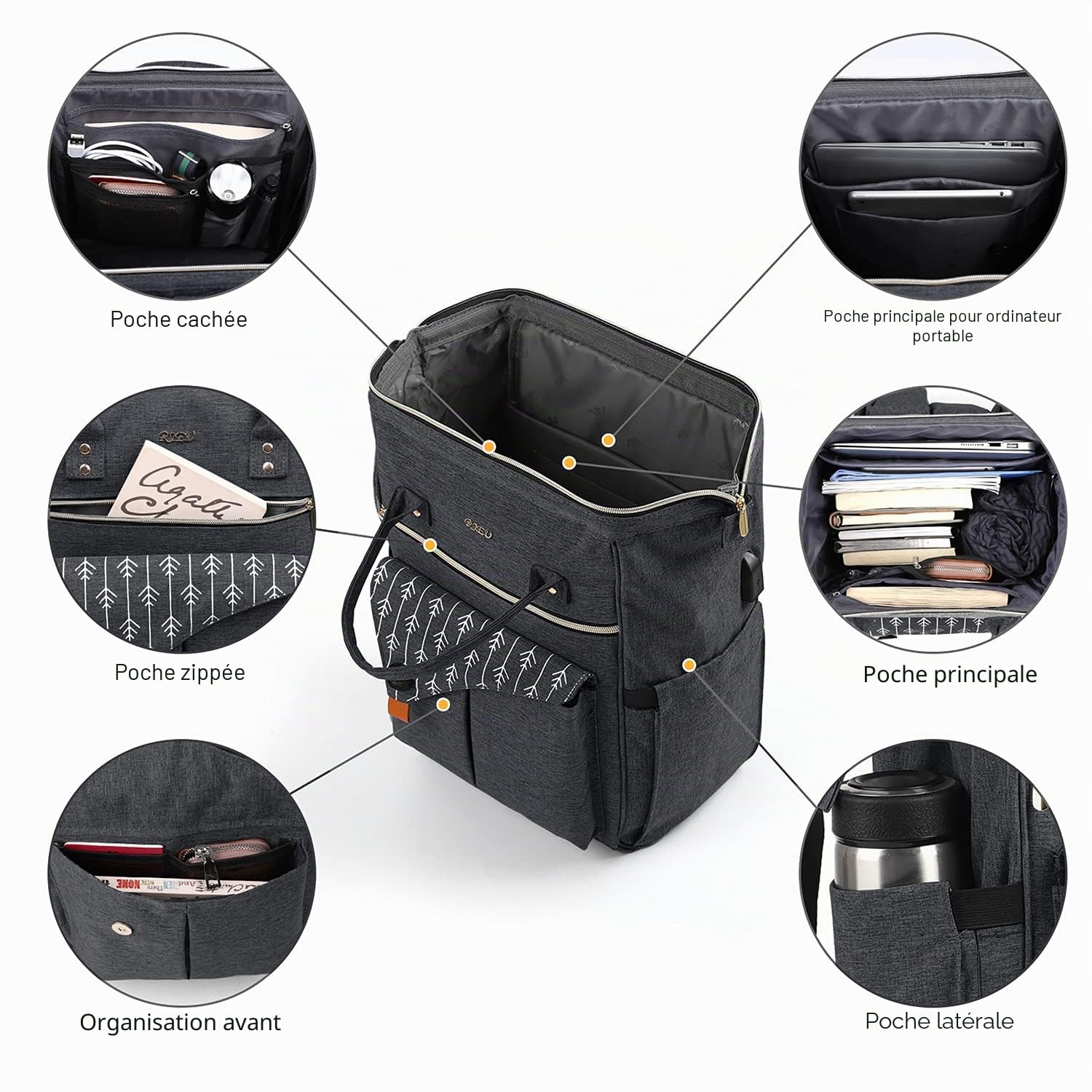 Sac à Dos Femme, Sac à Dos Ordinateur Portable, avec USB Charging Port Sac a Dos PC Portable pour Loisir, Scolaire, Affaire Noir
