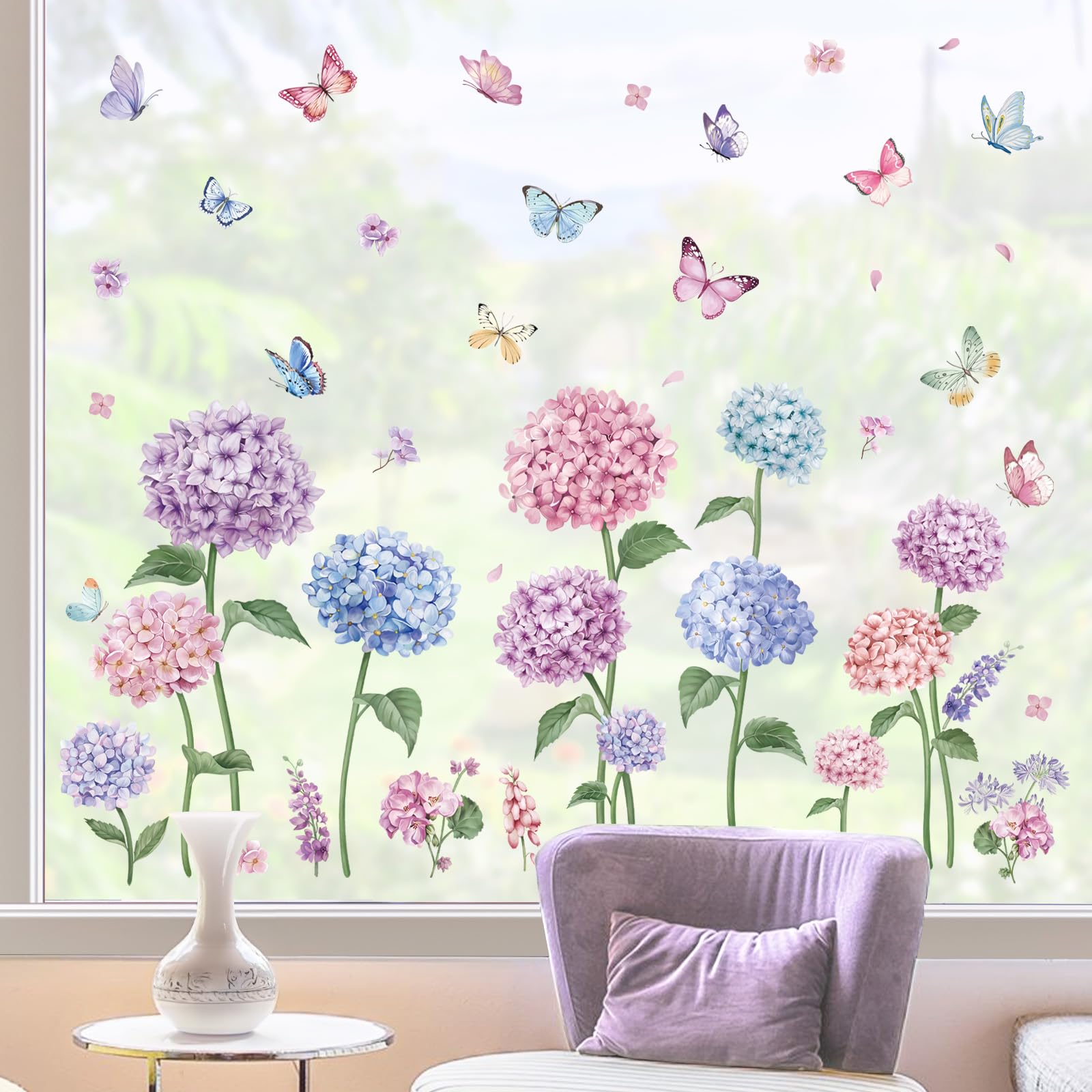 wondever Summer Purple Flower Window Clings Blue Hydrangea Floral Butterfly Glass Sticker Decal Anti Collision Double-Side Static Window Stickers for Home Glass - Image 2