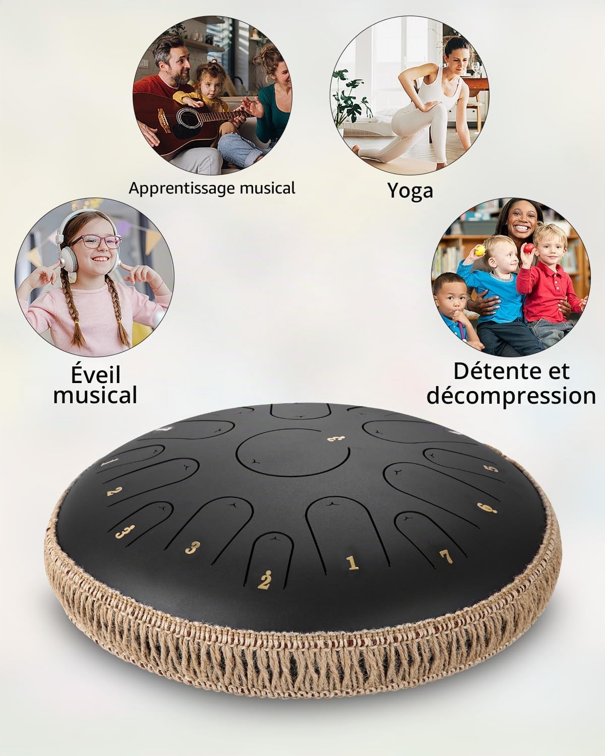 heuchaey Steel Tongue Drums,14 Pouces 15 Tons Tambour Handpan | Instrument de PercussionAvec le Sac,Des Maillets,Des Médiators,Livre de Musique Pour le pour la méditation,le yoga (Noir)