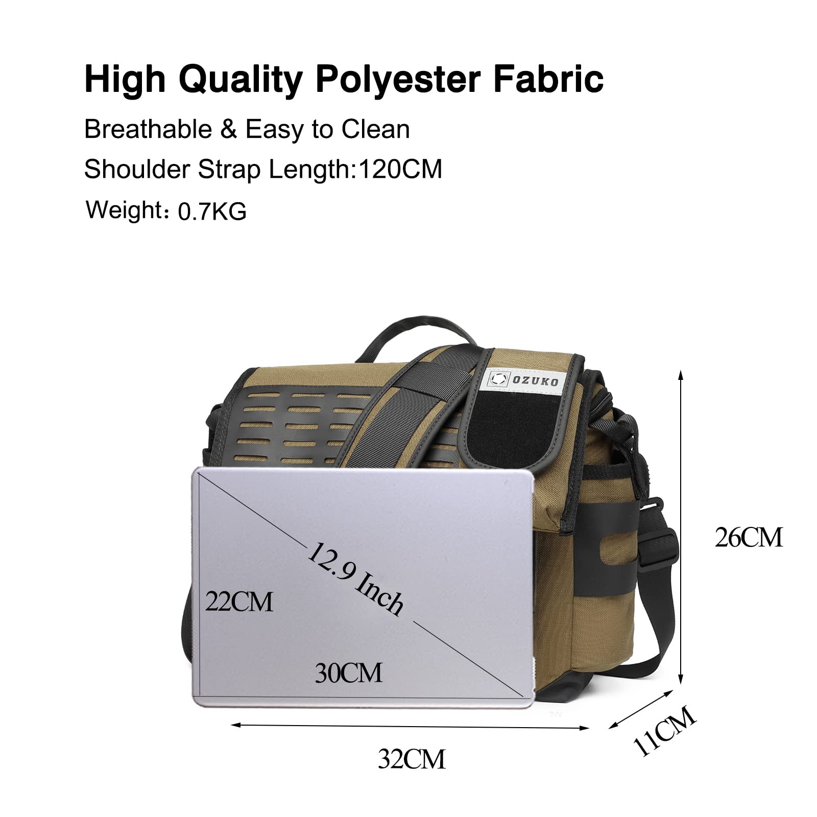 FANDARE Umhängetasche Herren Arbeitstasche Aktentasche Tragetasche Junge Schultertasche Männer Laptoptasche für 12.9 Zoll mit Multi-Tasche für Reise Schule Hochschule Arbeit Outdoor Schulranzen Khaki