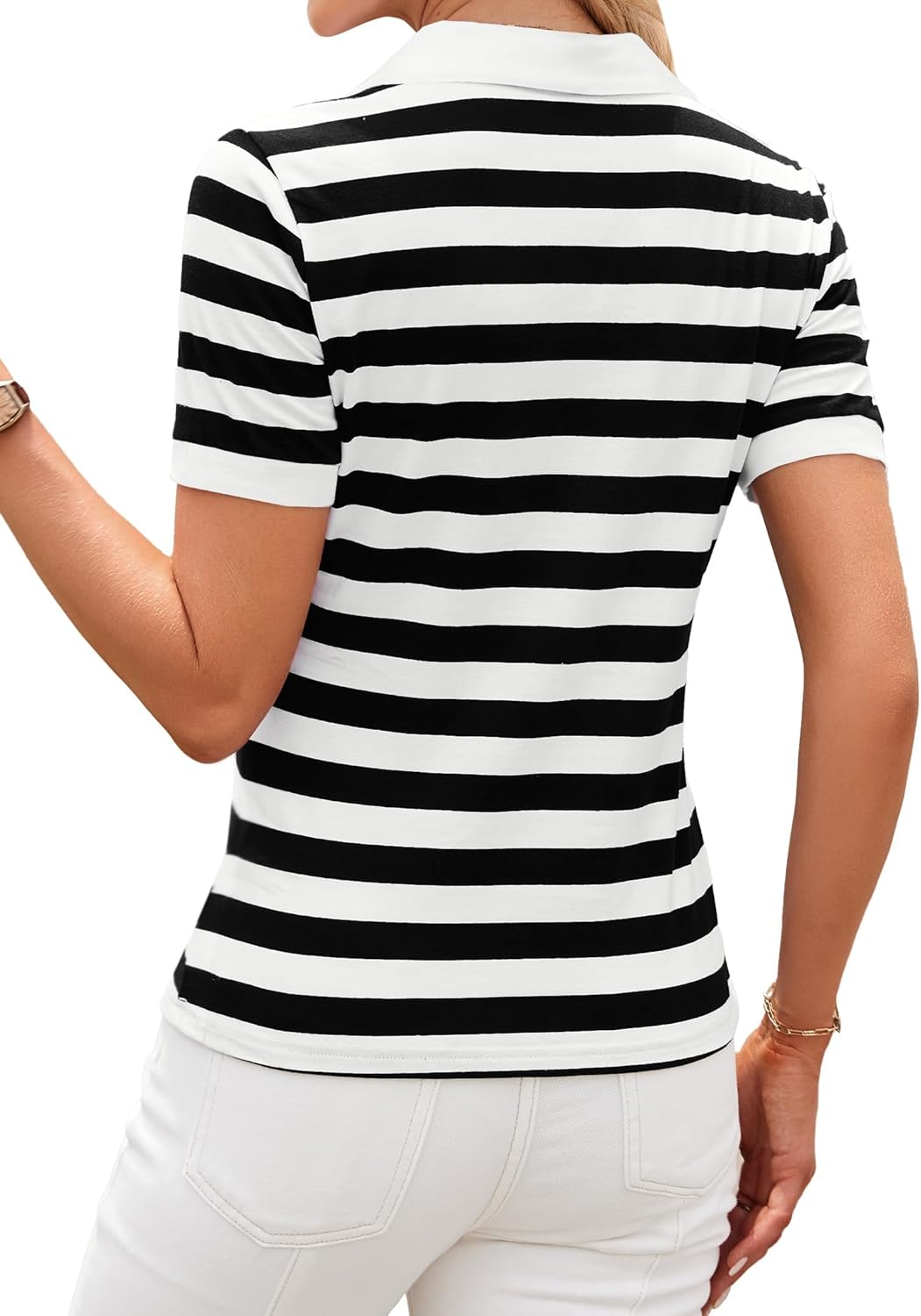 LilyCoco Striped Shirt Women Collared Fitted Short Sleeve Summer Casual T Shirt - Image 2