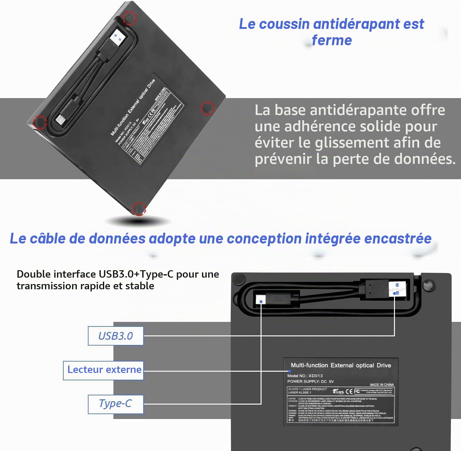 Lecteur Blu-Ray Externe, Lecteur DVD/BD Graveur Blu Ray avec USB 3.0 Type-C Portable Lecteur Blu Ray Externe, 3D CD DVD Graveur Optical Bluray Drive pour PC Windows 11 10 8 7