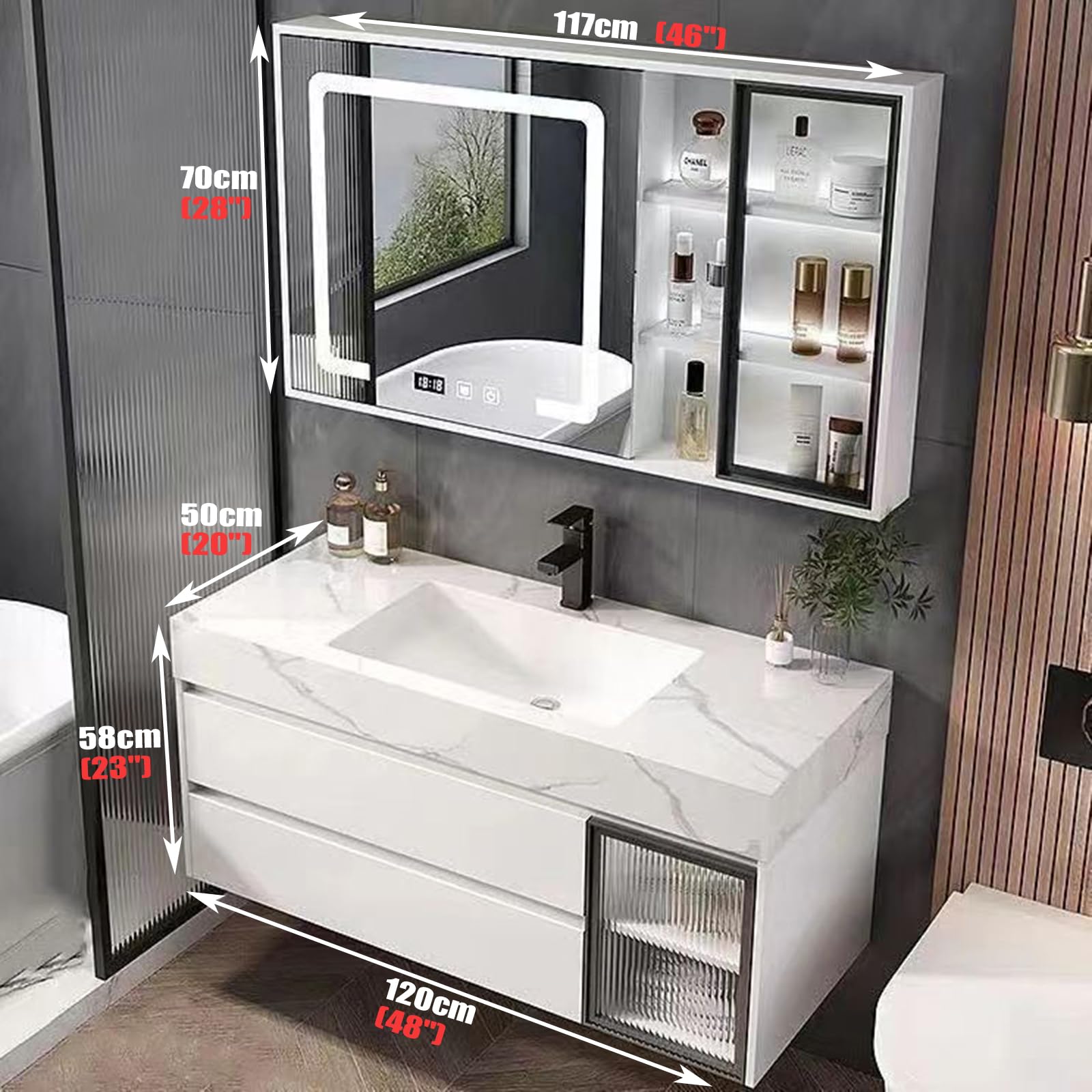 Set di Mobili da Bagno Lavabo con Mobiletto, Armadio A Specchio con LED Illuminato, Set di Mobili da BagnoWhite,120cm/47in