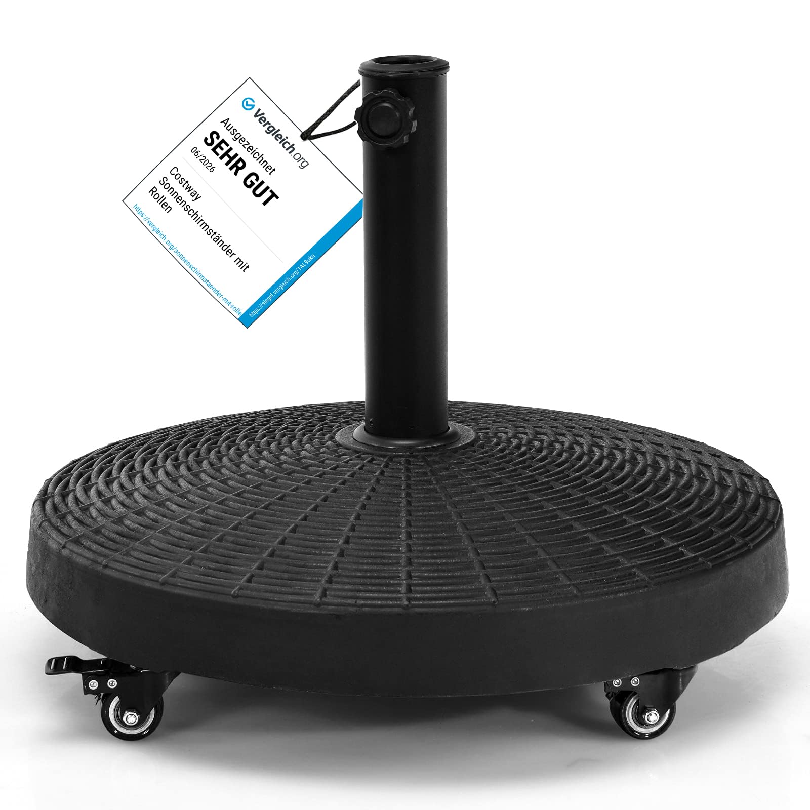 COSTWAY Base de Sombrilla de Resina de 23 kg, Soporte para Sombrilla Resistente al Aire Libre con Ruedas Bloqueables y Orificio de Poste Ajustable, Diseño de Ratán, para la Piscina (23 kg)