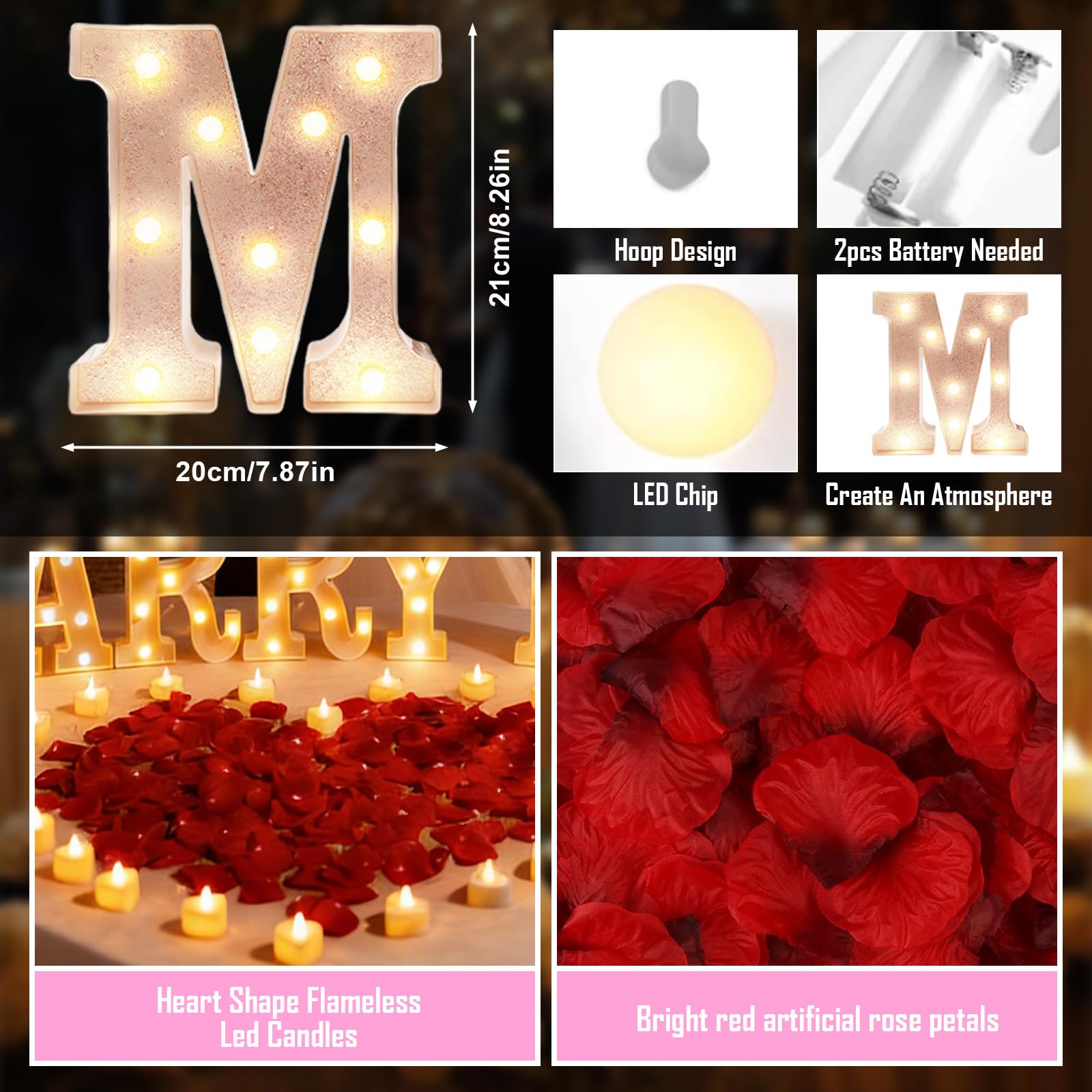 3D Leuchtender Buchstaben für Heiratsanträge, Buchstabenschild mit 24 flammenlosen Herzkerzen und 2000 Rosenblättern für Valentins romantische Nacht Dekor (MARRY ME)