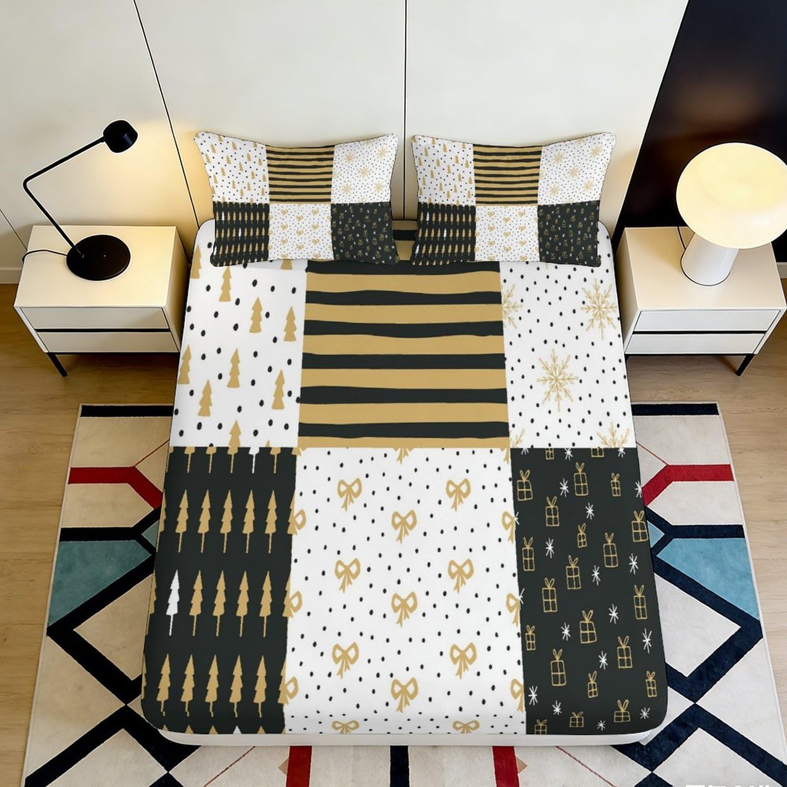 3D Printed Geometric Patchwork Fitted Sheet Microfiber Soft Modern Abstract Bed Cover for Bedroom Guestroom Decor 90x200x25cm
