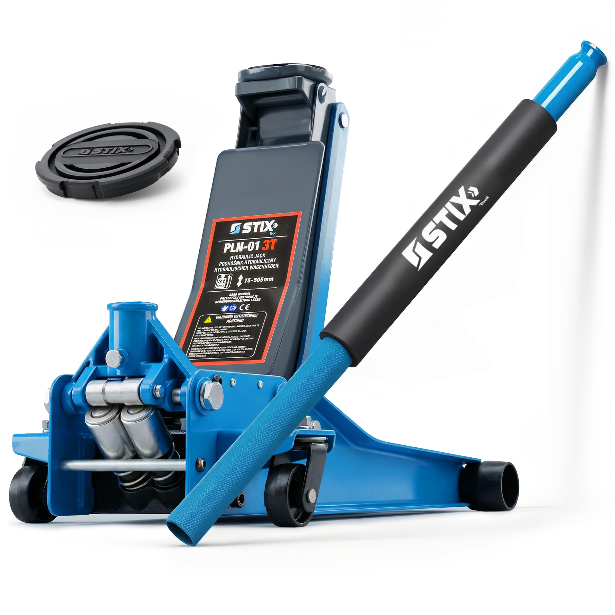 STIX Gato Hidráulico PLN-01 - Capacidad 3T, Perfil Bajo 75 mm, Altura Máxima 505 mm, Construcción Robusta, Doble Bomba, Ideal para Talleres y Uso Doméstico
