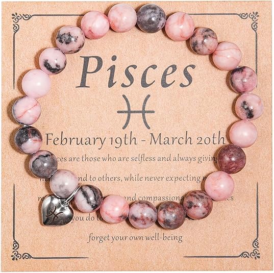 Caiyao Handmade 12 Constellation Natural Pink Zebra Healing Stone Zodiac Stress Relief Adjustable Bracelet with Message Card Friendship Birthday Jewelry for Women