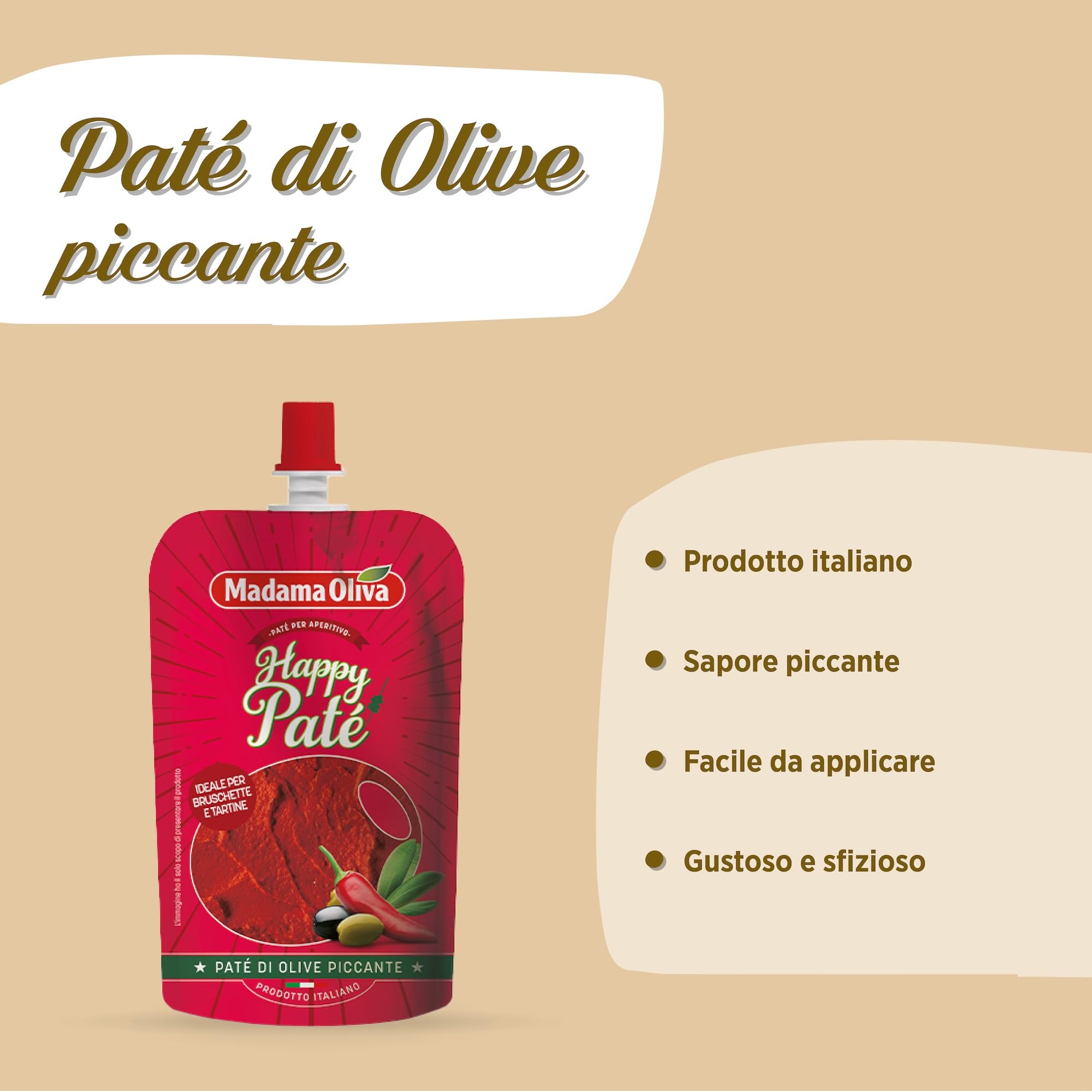MADAMA OLIVA, Paté di Olive Piccante, Ideale da Utilizzare per Accompagnare Aperitivi, Ortaggi Freschi e Farcire Bruschette, 100% Made in Italy, 10 Buste Squeeze 110 gr