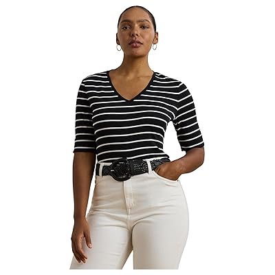 Lauren Ralph Lauren Plus Size Striped Cotton Elbow sleeve V neck T Shirts Women