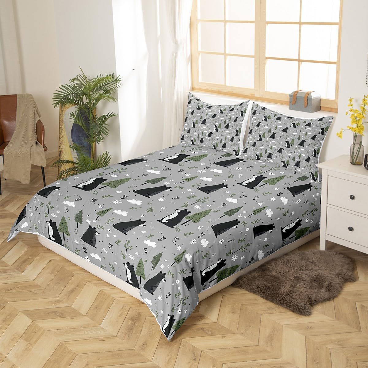 Erosebridal Cartoon Fox Duvet Cover Toddler Size No Comforter, Cute Black Bear Bedding Sets for Kids Girls Boys, Kawaii Animals Trees Soft Bed Cover for Bed, Wildlife Woodland Clouds Bedroom Set