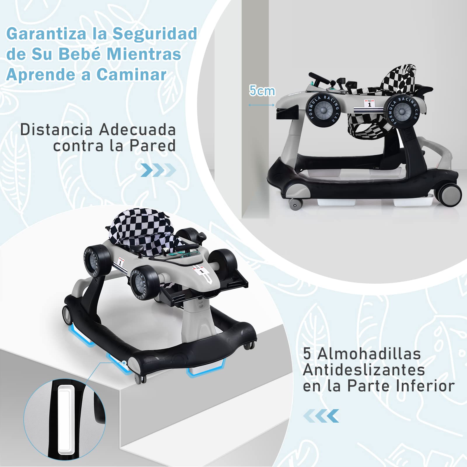 COSTWAY 4 en 1 Andador Bebes, Tacata Bebe Plegable con Altura y Velocidad Regulables, Carillón con Luces, Volante y Asiento con Cojín, Diseño Antivuelco, Caminador para Bebe de 6-18 Meses - 4