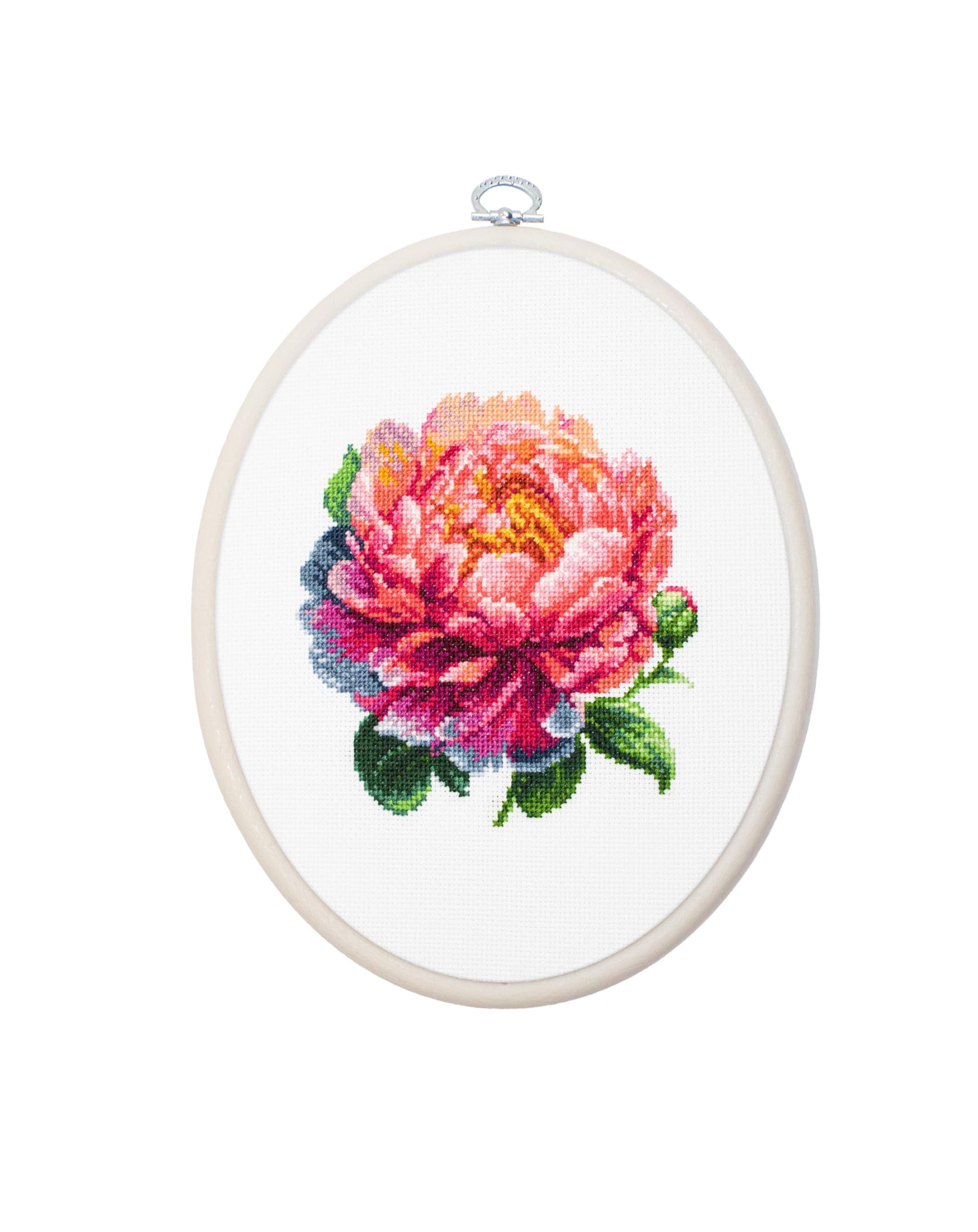 Luca-S ’’Coral Charm’’ Peony Cross Stitch Kit With Hoop Included Coral Charm’’ Peony, Bc205, Counted Cross Stitch Kit For Adults, Needlecraft And Embroidery Kit