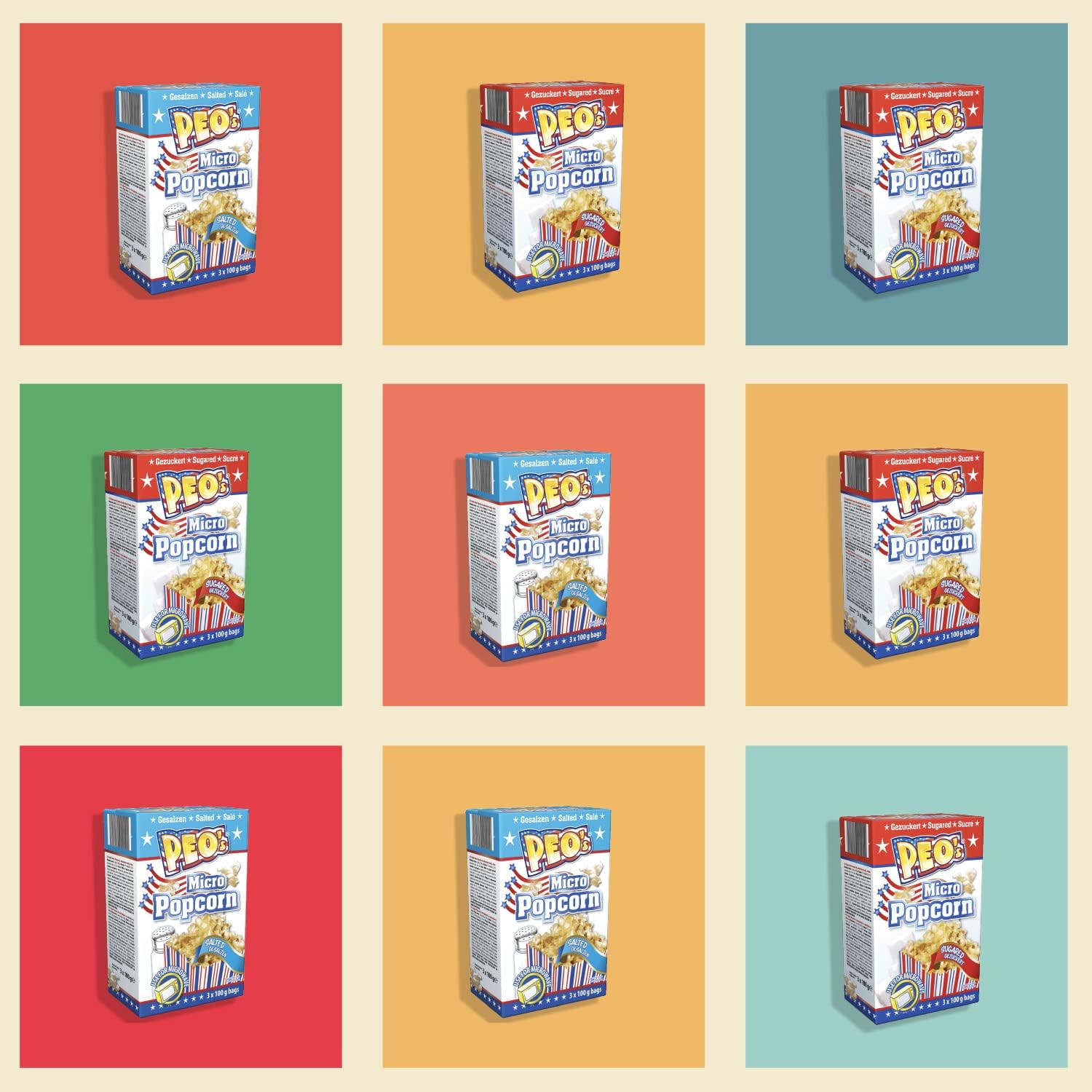 Peo's Lot de 72 boîtes de pop-corn au micro-ondes salé/salé - 24 boîtes de 100 g de contenu - Bonbons au maïs pop-corn pour le carnaval, les fêtes, les snacks au cinéma, etc
