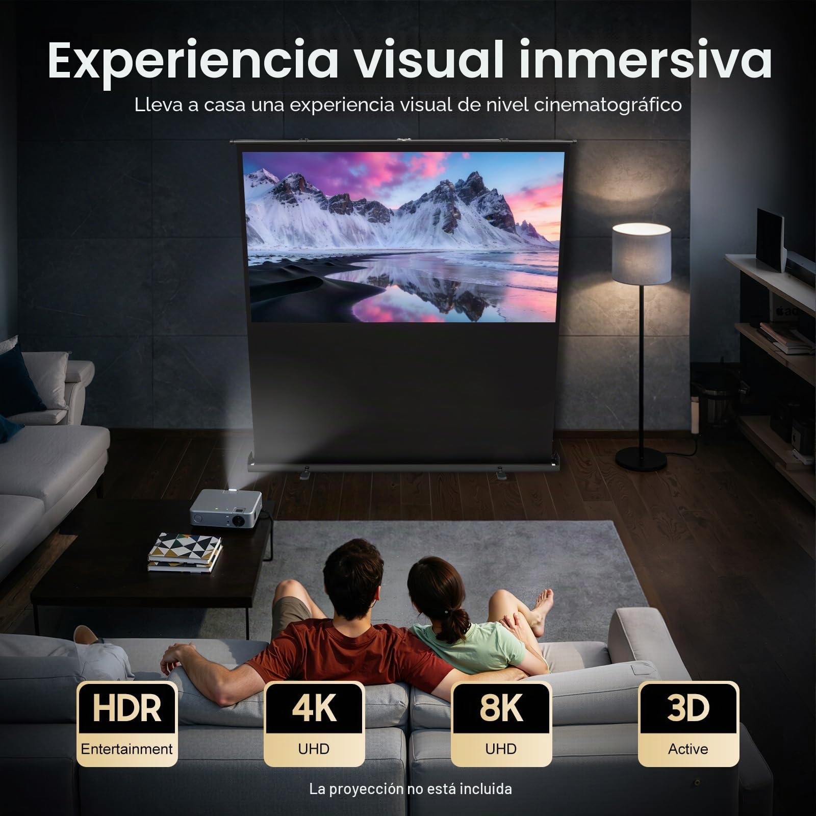 Pantalla de proyección, Proyector de enrollado, Pantalla de proyección 4K, Pantalla de cine en casa con 160° de gran angular y 1,2 de ganancia, Pantalla de fibra de vidrio estable para