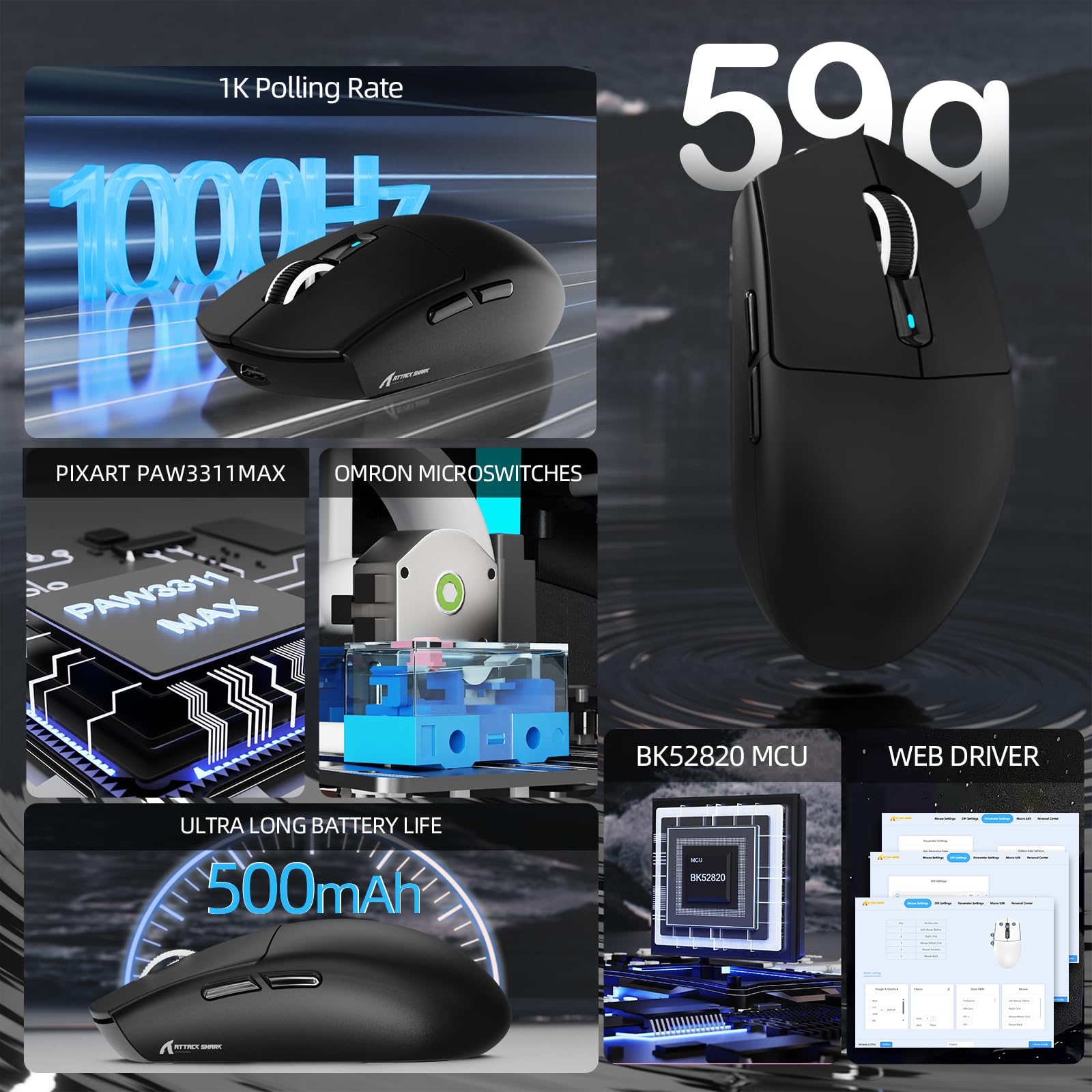 ATTACK SHARK G3PRO Mysz Gamingowa Bezprzewodowa z Magnetyczną Stacją ładującą, Czujnik PixArt PAW3311, do 25000DPI, Bluetooth/2,4GHz/Przewodowa, 500mAh, 59g SUPERLIGHT Myszy do PC/Xbox/PS/Mac - Czarny