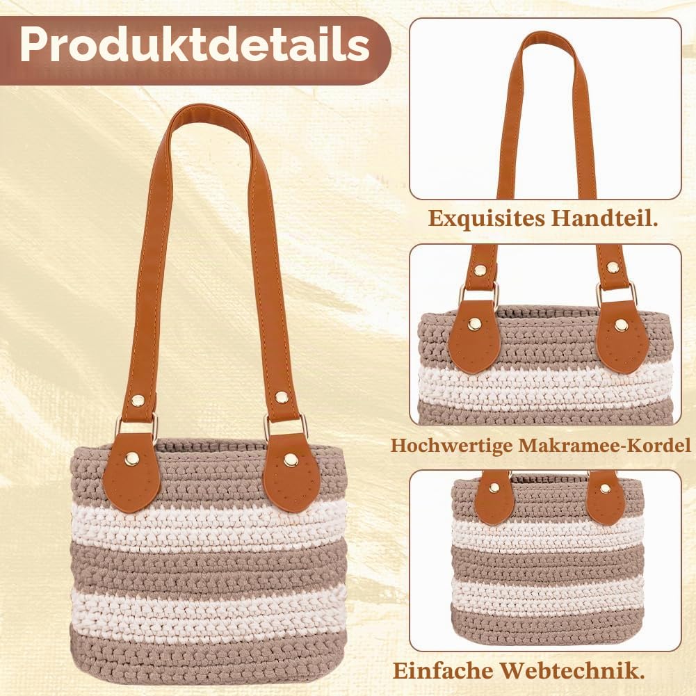 ORIGACH DIY Häkel-Handtaschen-Set für Anfänger, gestreifte Häkel-Tragetasche mit PU-Lederband und -boden, inklusive Garn, Häkelnadeln, Markern und englischer Anleitung, Farbe Milchtee
