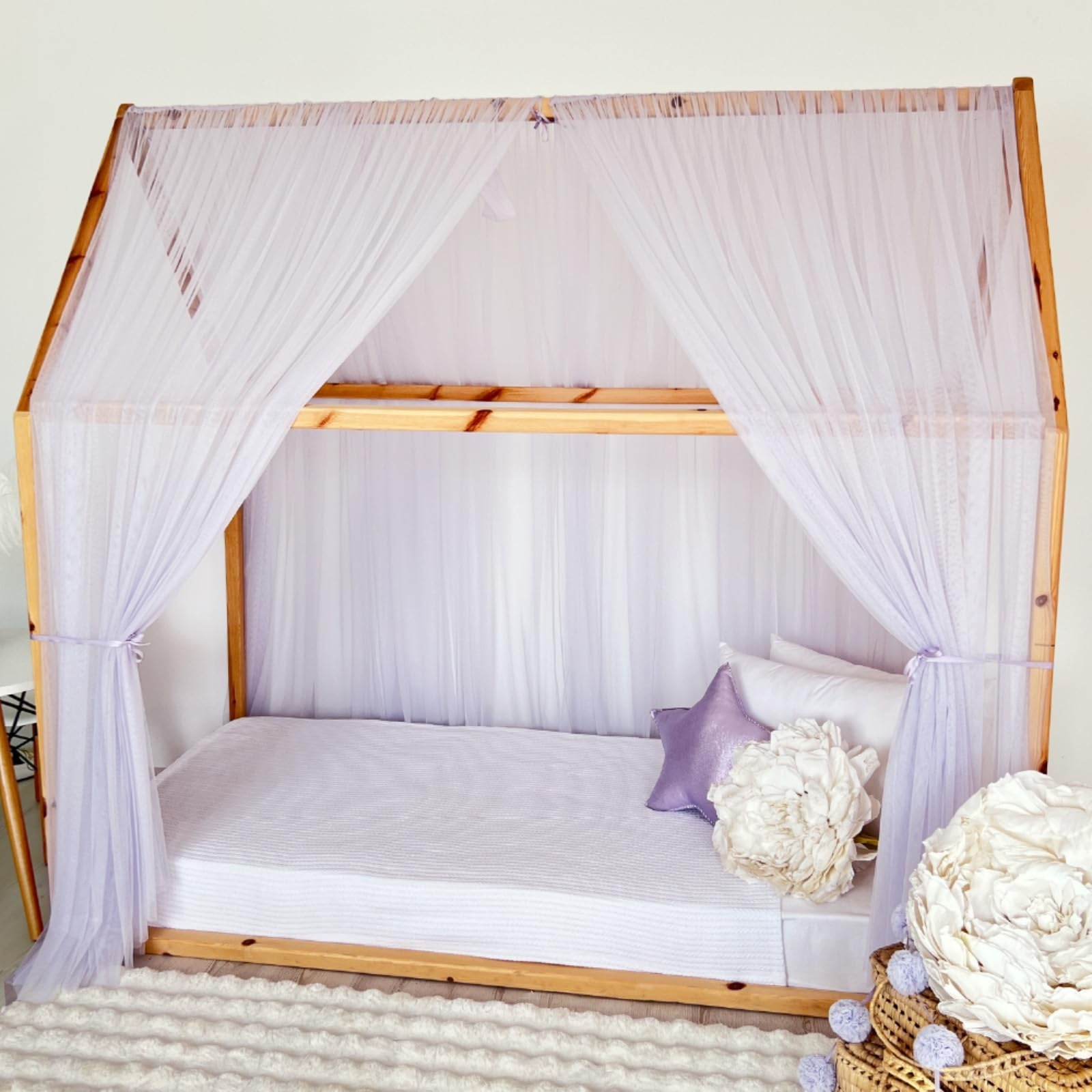 Tenda a baldacchino per letto della cameretta dei bambini, decorazione per letto montessori, tenda da gioco in morbido tulle per bambini piccoli (viola, 380 cm, senza accessori)