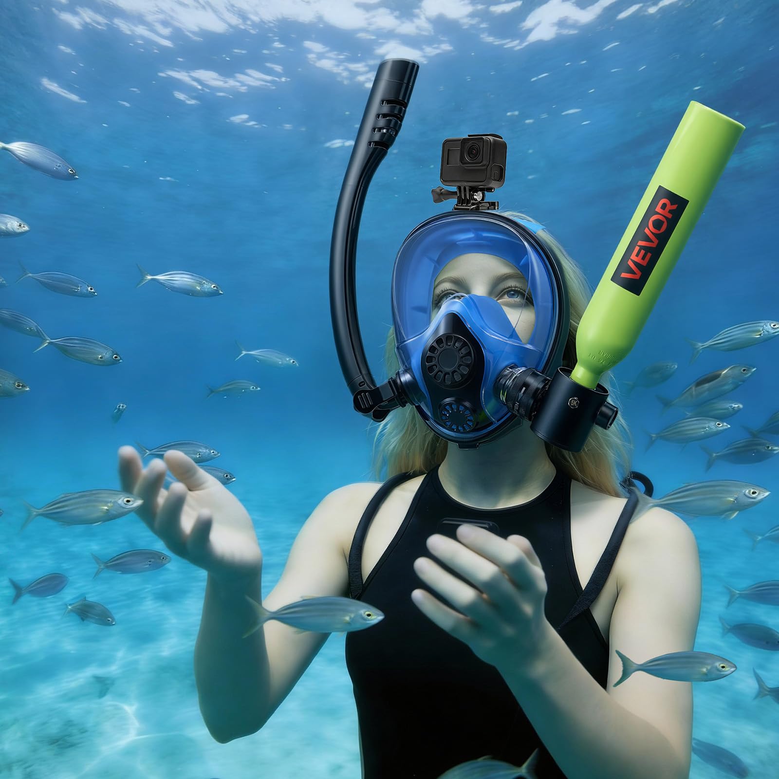 VEVOR Mini Bouteille de Plongée avec Masque sous-Marin, Bloc pour Plongée Portable 0,5 L, Réservoir pour Respiration sous-Marine, Réutilisable, jusqu'à 10 Minutes, avec Pompe pour Randonnée Palmée