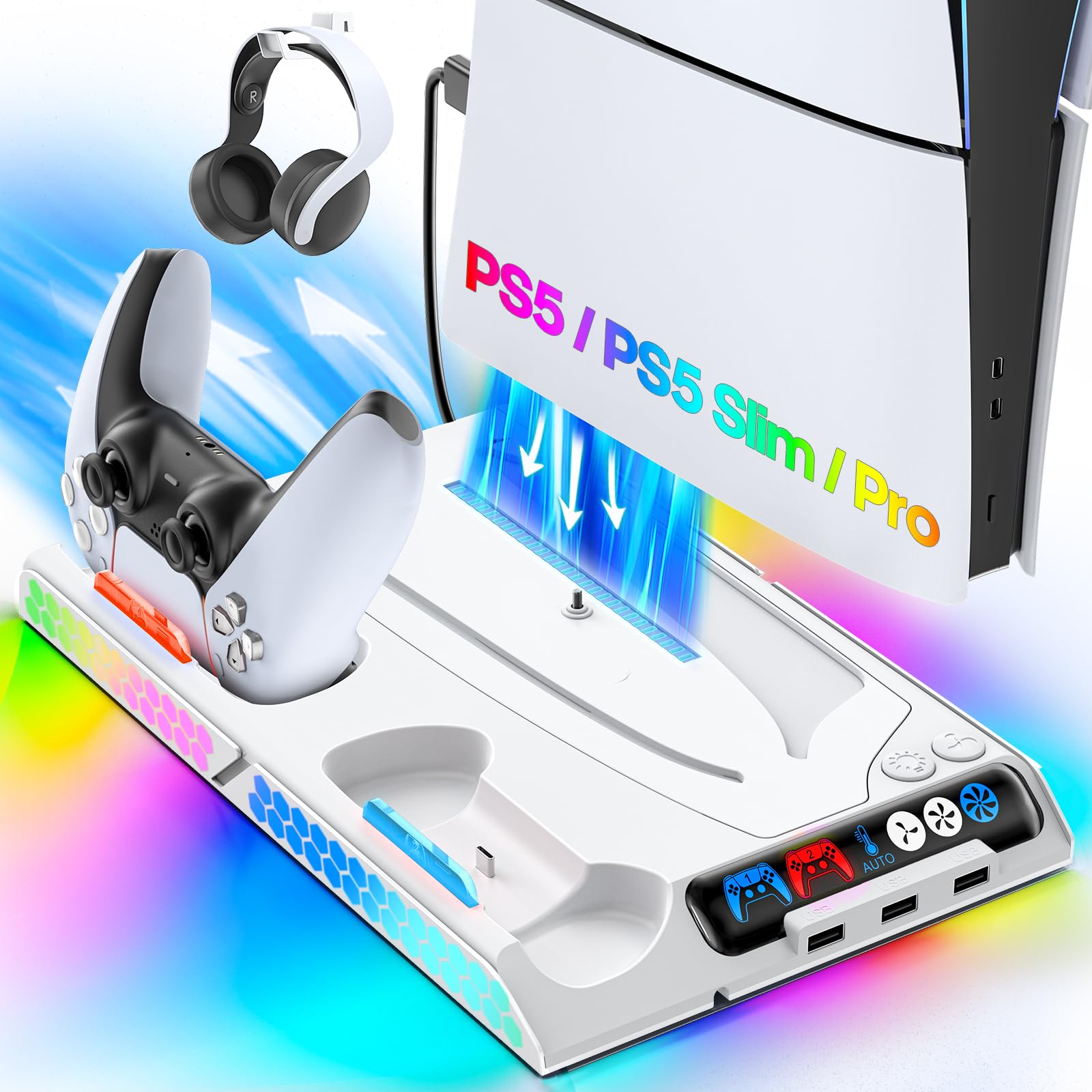 PS5/PS5 Slim Cooling Station with Auto Turbofan, PS5 Cooling Stand with Temp Auto Control 3-Level Speeds, Hexagon Lights, PS5/Slim Accessories Dock Station for PlayStation 5