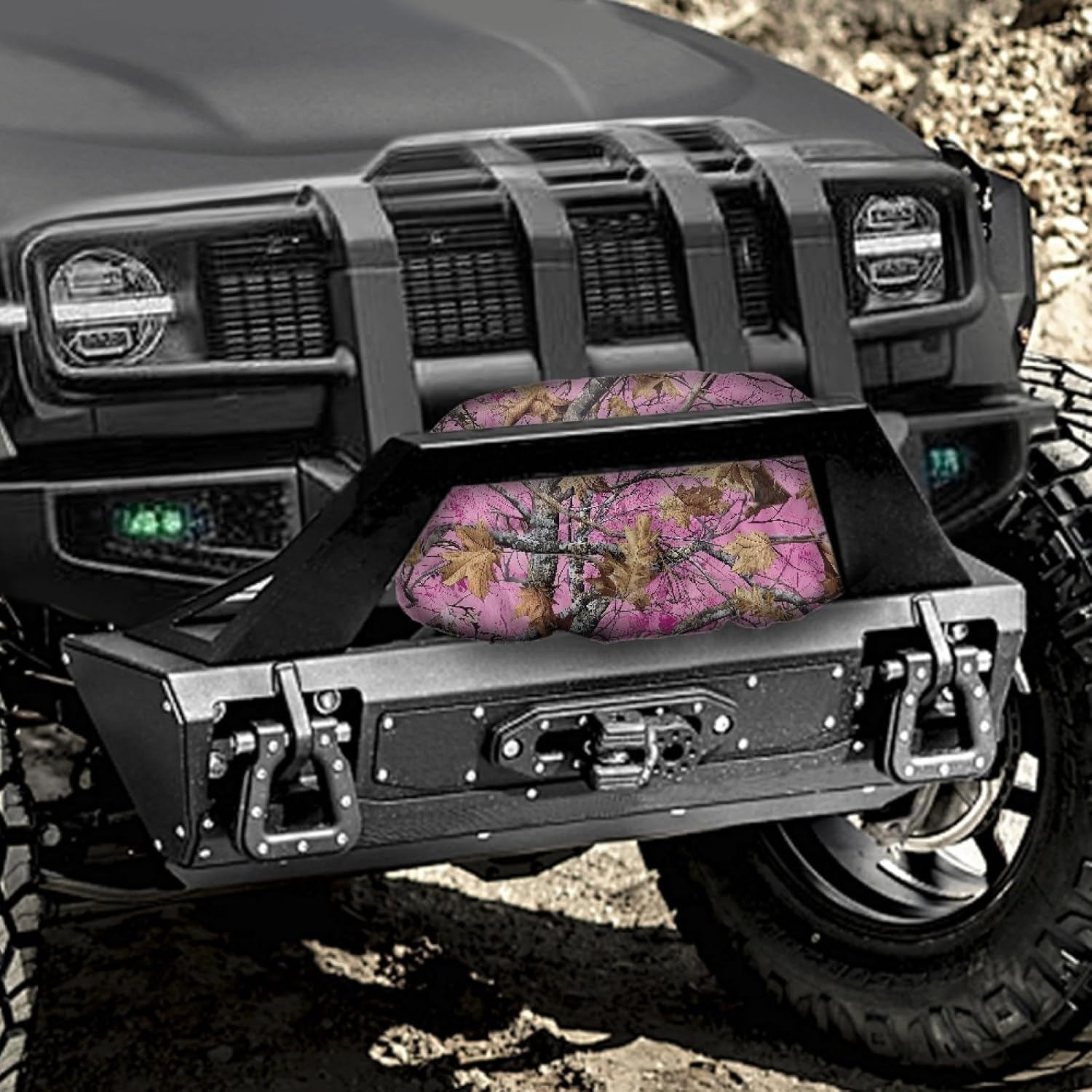 Camo Hunting Winch Cover Pink Oak Winch Dust Cover with Elastic Band All Weather Winch Protective Covers for Electric Winches 8000-17500 Lb