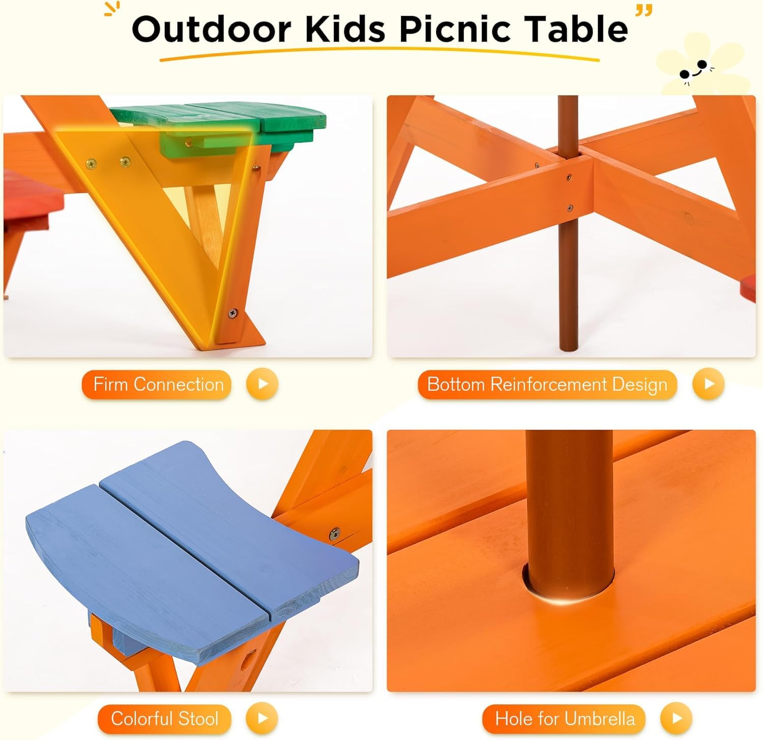 BRINJOY Kindersitzgruppe, Kinder Picknicktisch mit Bänke, Kissen & Sonnenschirm höhenverstellbarem, Kindersitzgarnitur aus Holz, Sitzgarnitur, Sitzgruppe Outdoor, Kinder gartenmöbel (Orange)