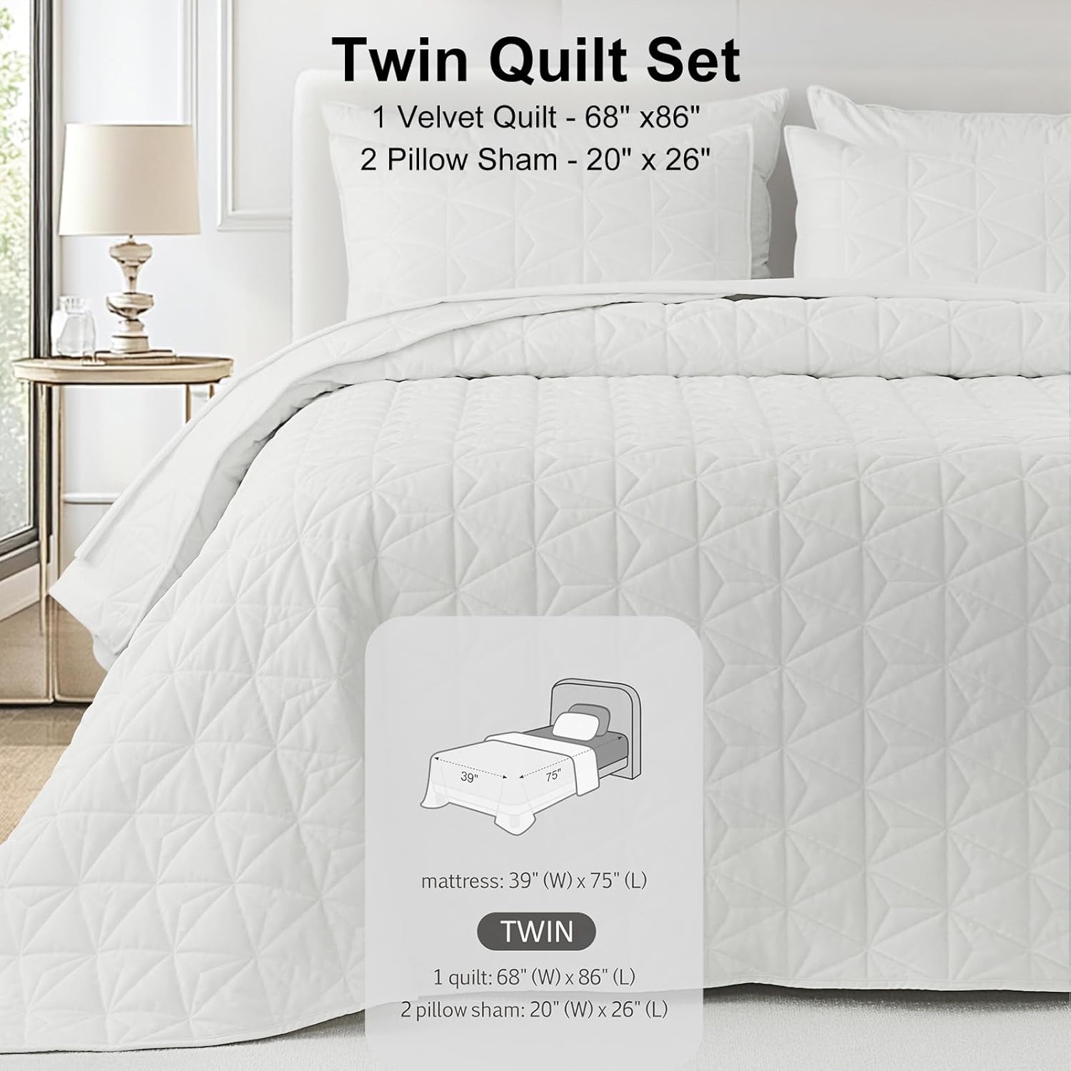 Corduroy Quilt Set Twin 68"x86", Lightweight All-Season Quilt with 2 Pillow Shams, Soft Fine-Striped Quilted Bed Cover, Cream White