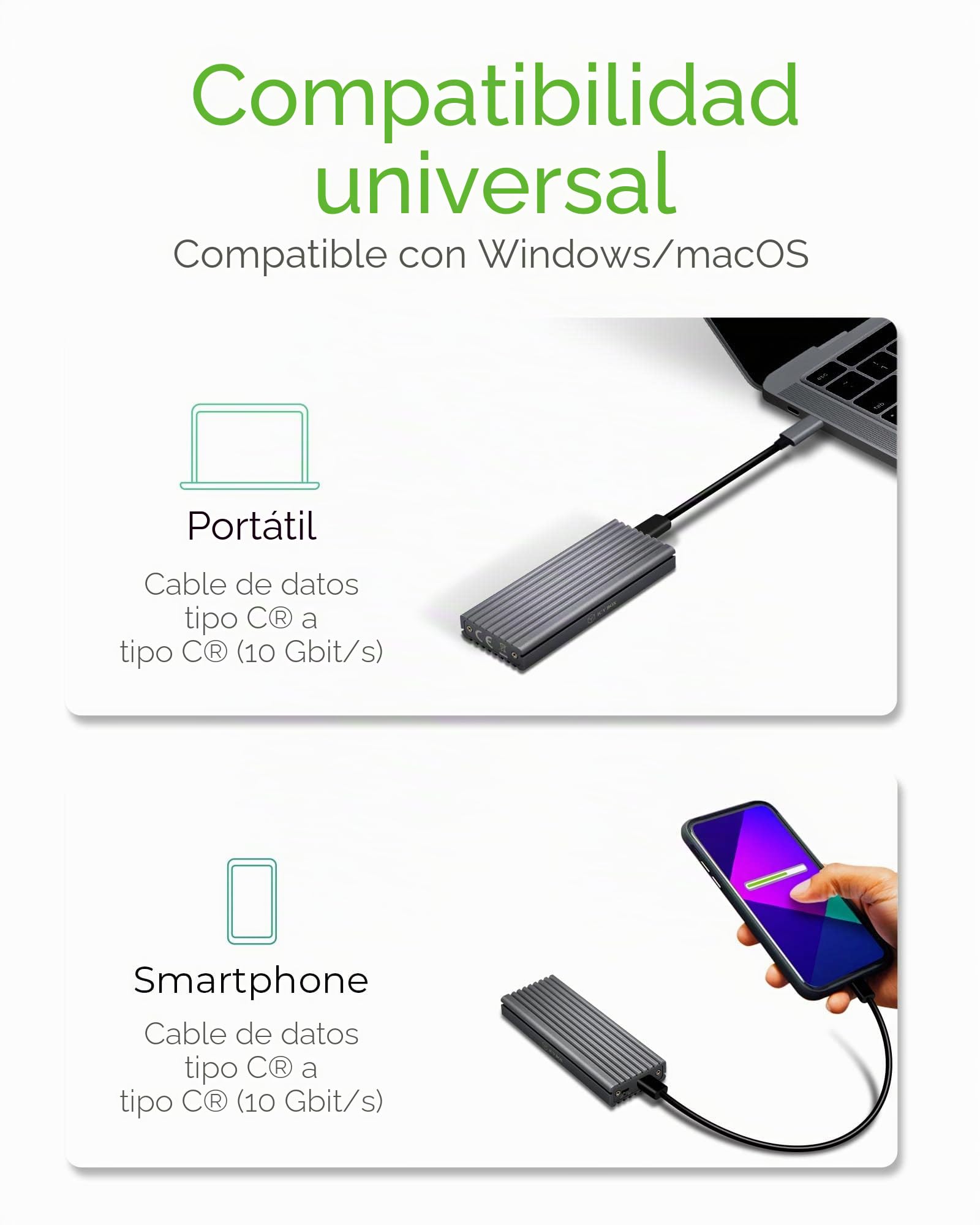 ICY BOX SSD M.2 NVMe Carcasa, USB 3.1 (Gen2, 10 Gbit/s) Sistema de refrigeración, USB-C, USB-A, PCIe M-Key, Aluminio, Gris Antracita