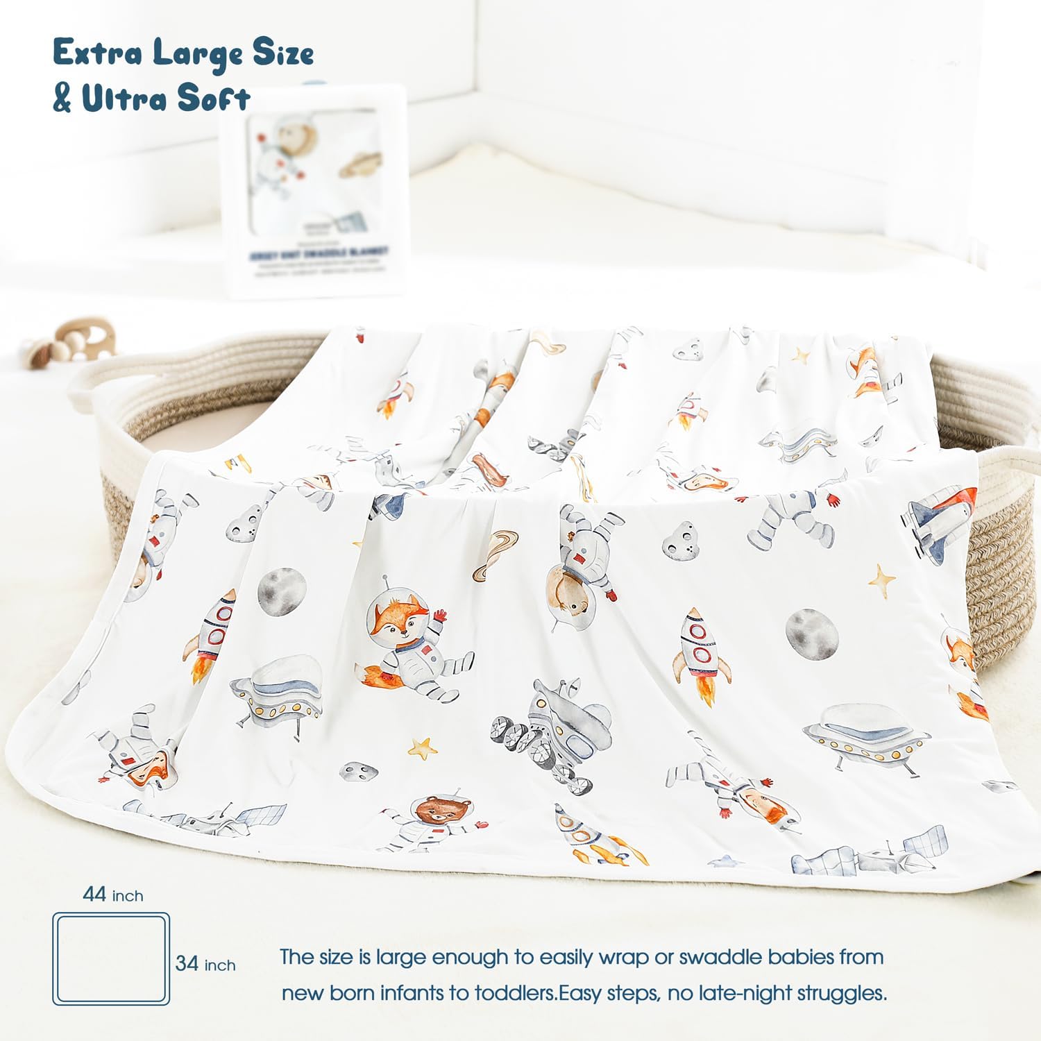 GRSSDER Baby Swaddle Blankets 2 Pack, Super Soft Jersey Knit Baby Quilt Blanket for Baby Boys, Double Layer Receiving Blankets 34 x 44 Inches Extra Large for Swaddling, Sea Fish & Space