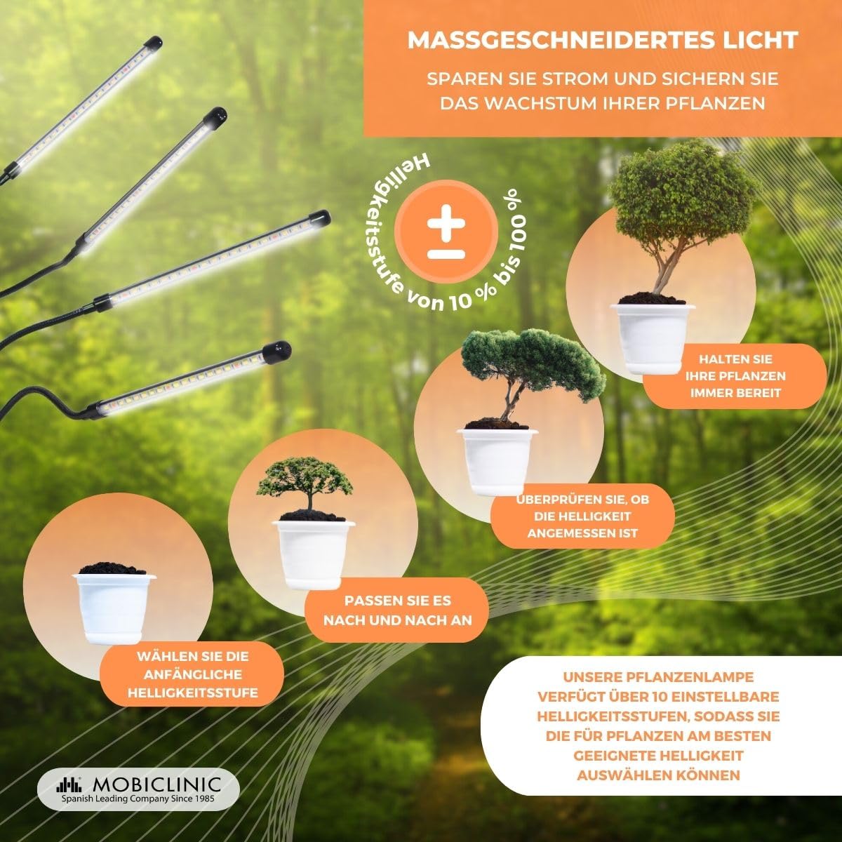 Mobiclinic®, Pflanzenlampe, Led, Growflex, 3 modi, 6000k, 10 helligkeitsstufen, Vollspektrum, Europäische marke, Timer, 360° rotation, 40w, Flexibel, Zimmerpflanzen, Usb, Grow lampe (4 köpfe)