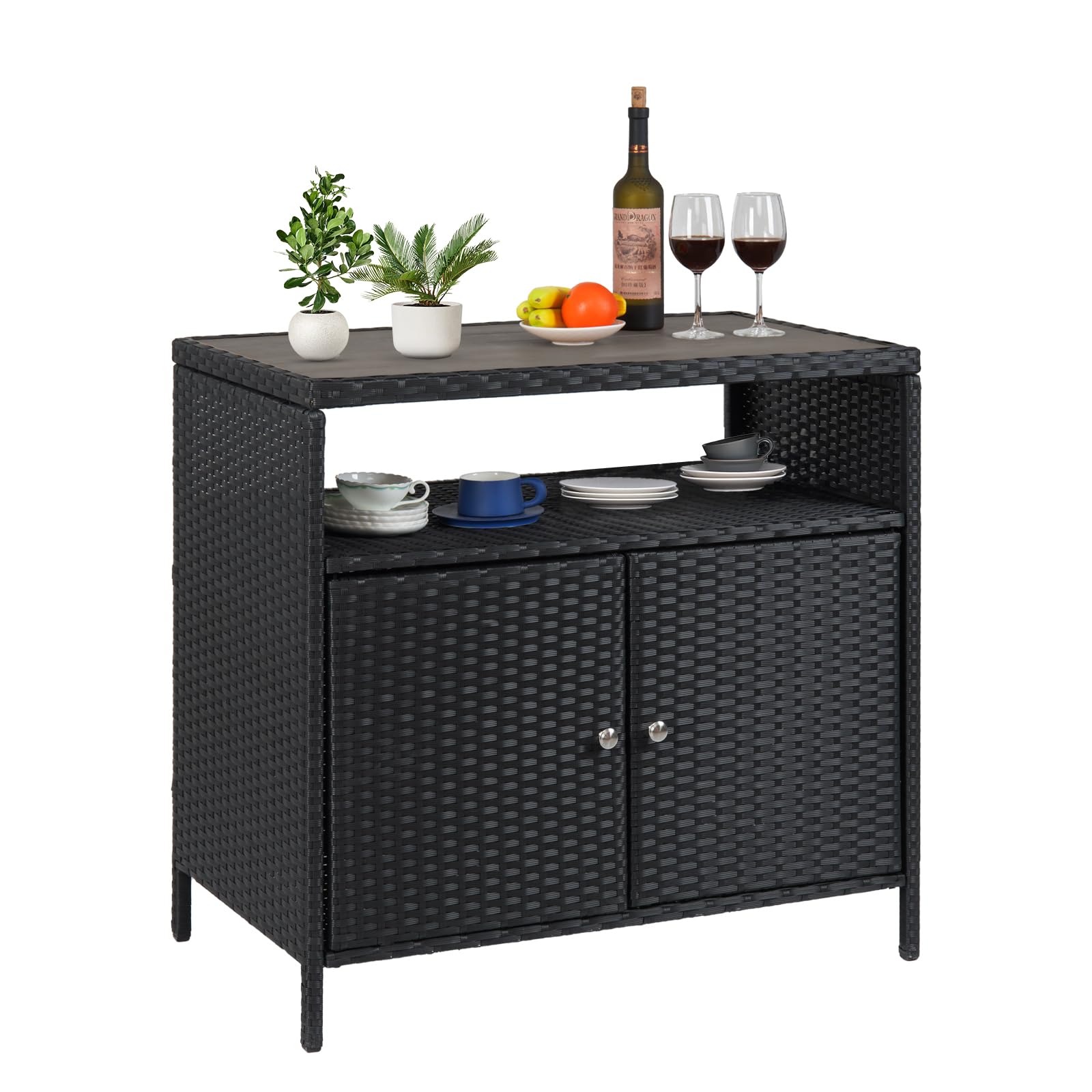 GarveeLife Outdoor Schrank aus PE Rattan mit Ablagefläche, wasserabweisender Aufbewahrungsschrank für Terrasse Balkon, Schwarz