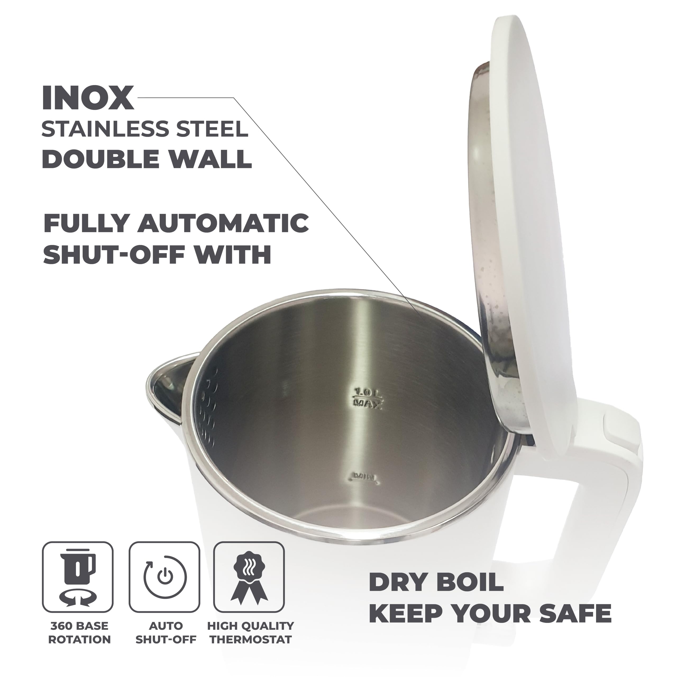 Muller Kitchen MK-6061 czajnik elektryczny, 1 l, 1000 W, podwójne ścianki, obrotowa stopka 360 stopni, automatyczne wyłączanie z ochroną przed pracą na sucho, czarny