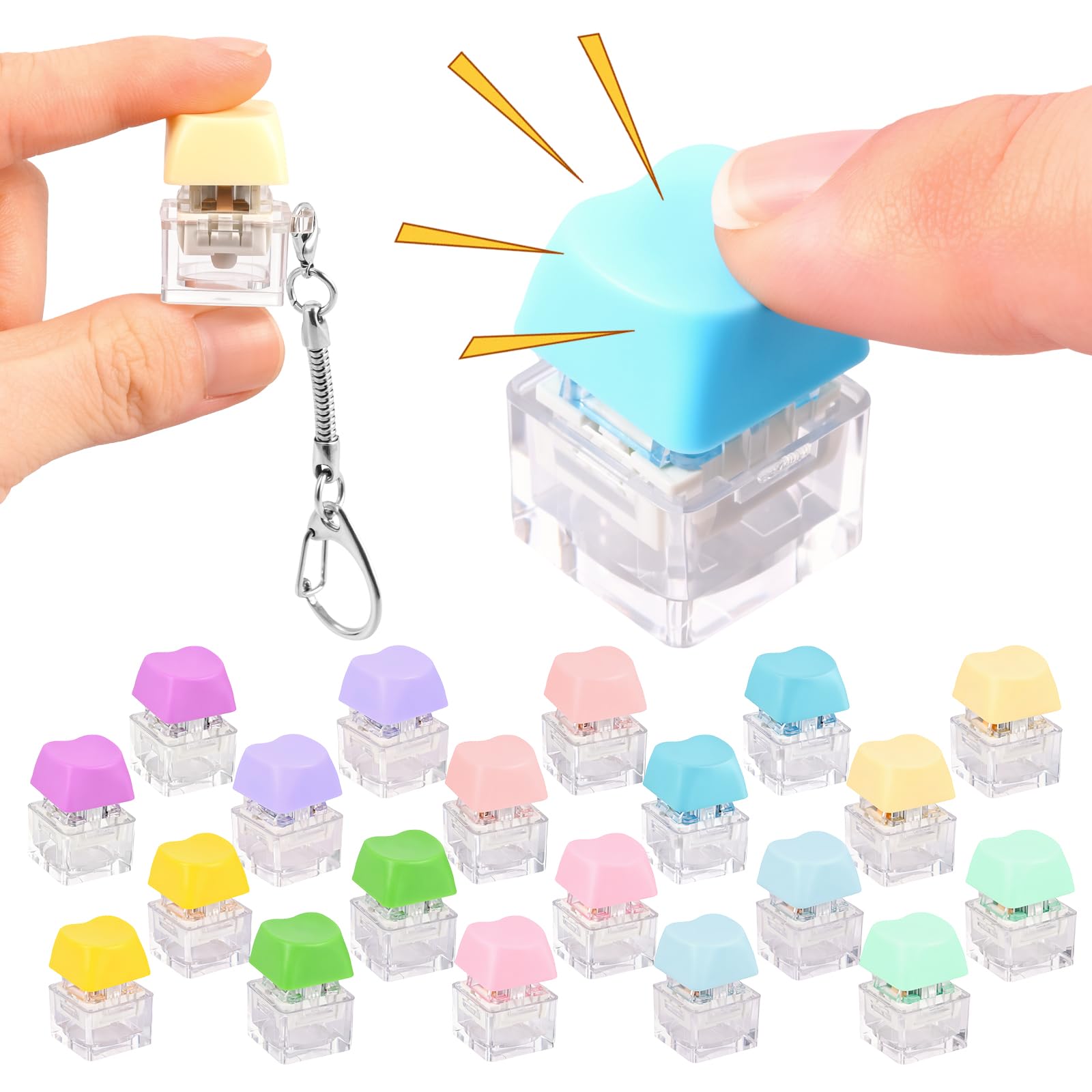 20Pcs Keyboard Fidget Toy Keychains, Single Heart-Shaped Fidget Clicker Keyring in 10 Colour Combinations, Portable Tactile Accessories for Adults, Students, Party Bags and DIY Gifts