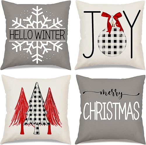 Juego de 4 fundas de almohada de Navidad de 20 x 20 pulgadas, decoración de árbol de Navidad, camión, alegría, nieve, hola, invierno, decorativas,