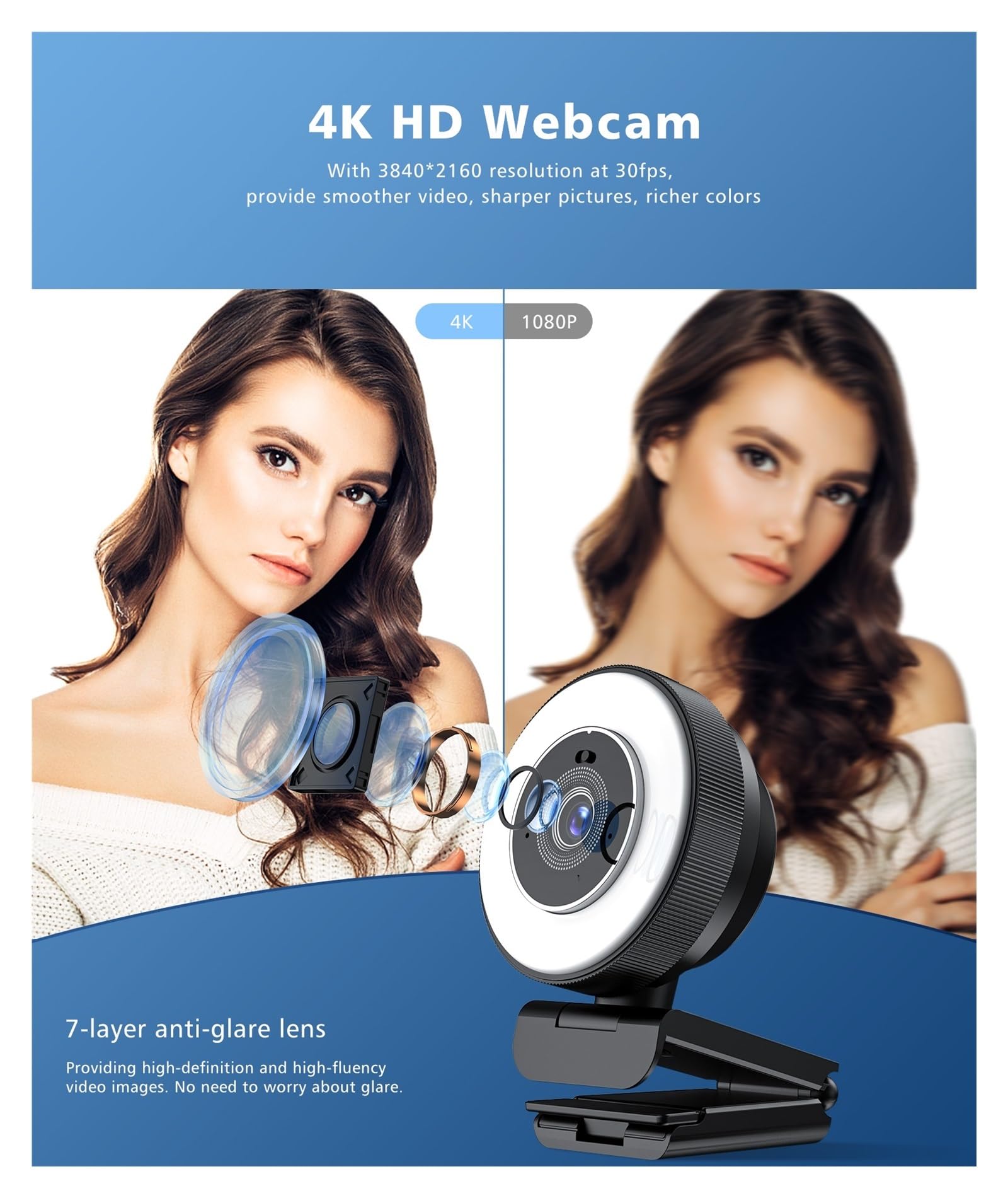 Webcam, Webcam HD 4k 30fps con luce ad anello regolabile e microfono, webcam con messa a fuoco automatica con copertura for la privacy for conferenze, streaming live, registrazione