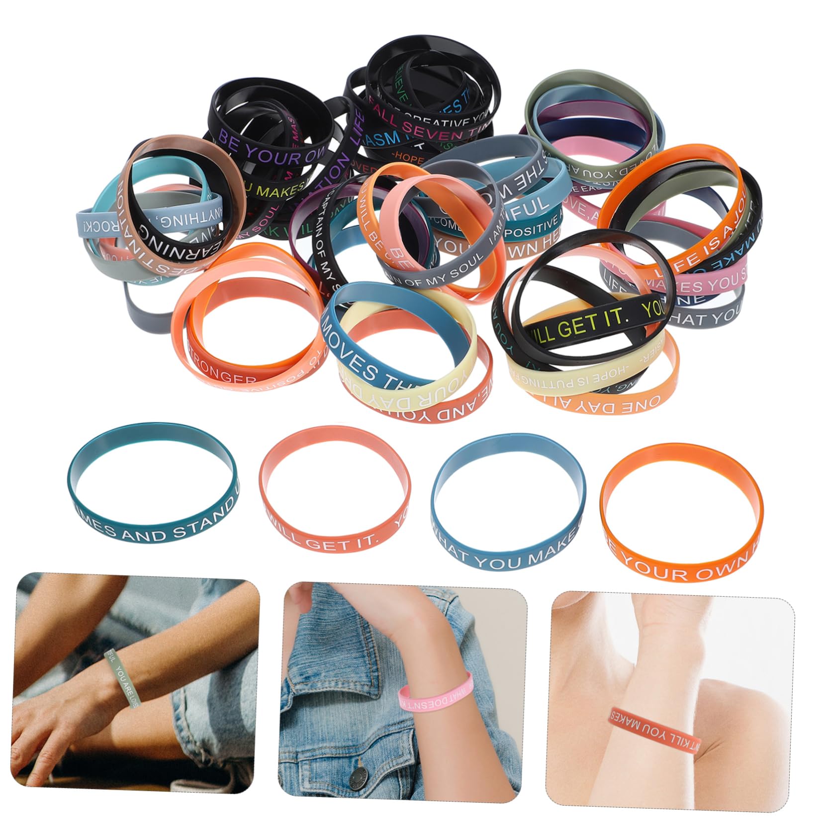 Toddmomy 100 Pièces Bracelets Motivants Silicone de Colorées avec Inspirantes pour Adolescents Accessoires DIY Unisexes Élastique pour Rester Positif et Motivé