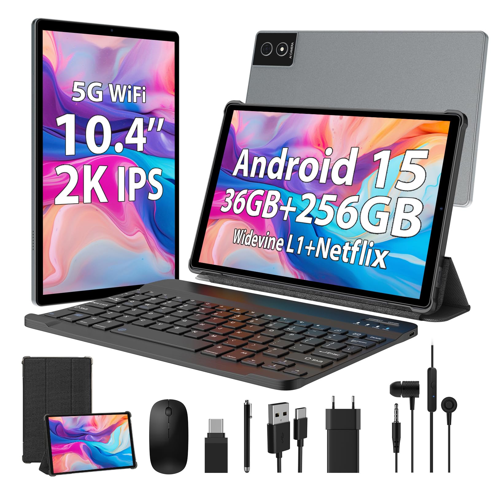 WOREGOO 10.4 Pollici Tablet Android 15, 5G WiFi, Tablet in Offerta 36GB RAM+256GB ROM(TF 1TB), 2000x1200 FHD, Octa-Core, Widevine L1/8000mAh/8MP+13MP/BT5.0/GPS/GMS, con Tastiera e Mouse, Grigio