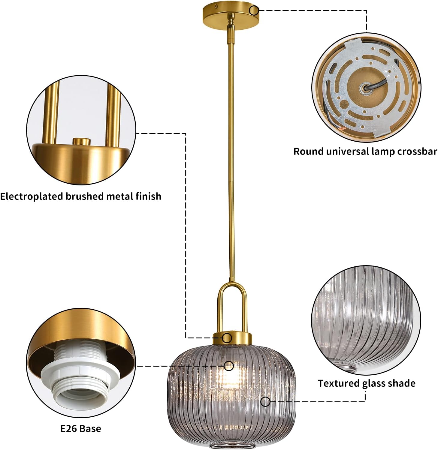 Modern Smoky Gray Glass Pendant Light Fixtures, Mid Century Pendant Lights for Kitchen Island, 9.8" Gold Adjustable Height Ceiling Hanging Light Fixtures for Dining Room Entryway Foyer Hallway