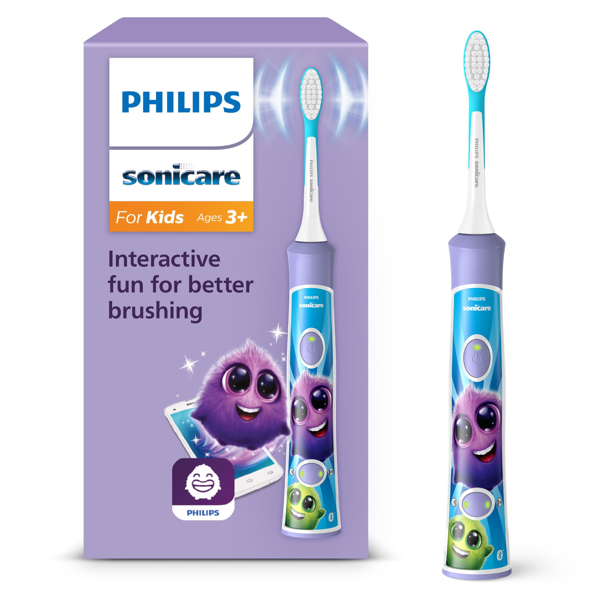 Philips Sonicare For Kids - Spazzolino elettrico sonico con app, studiato per bambini dai 3 anni in su con SmarTimer e QuadPacer per una pulizia profonda, viola, modello HX6322/12