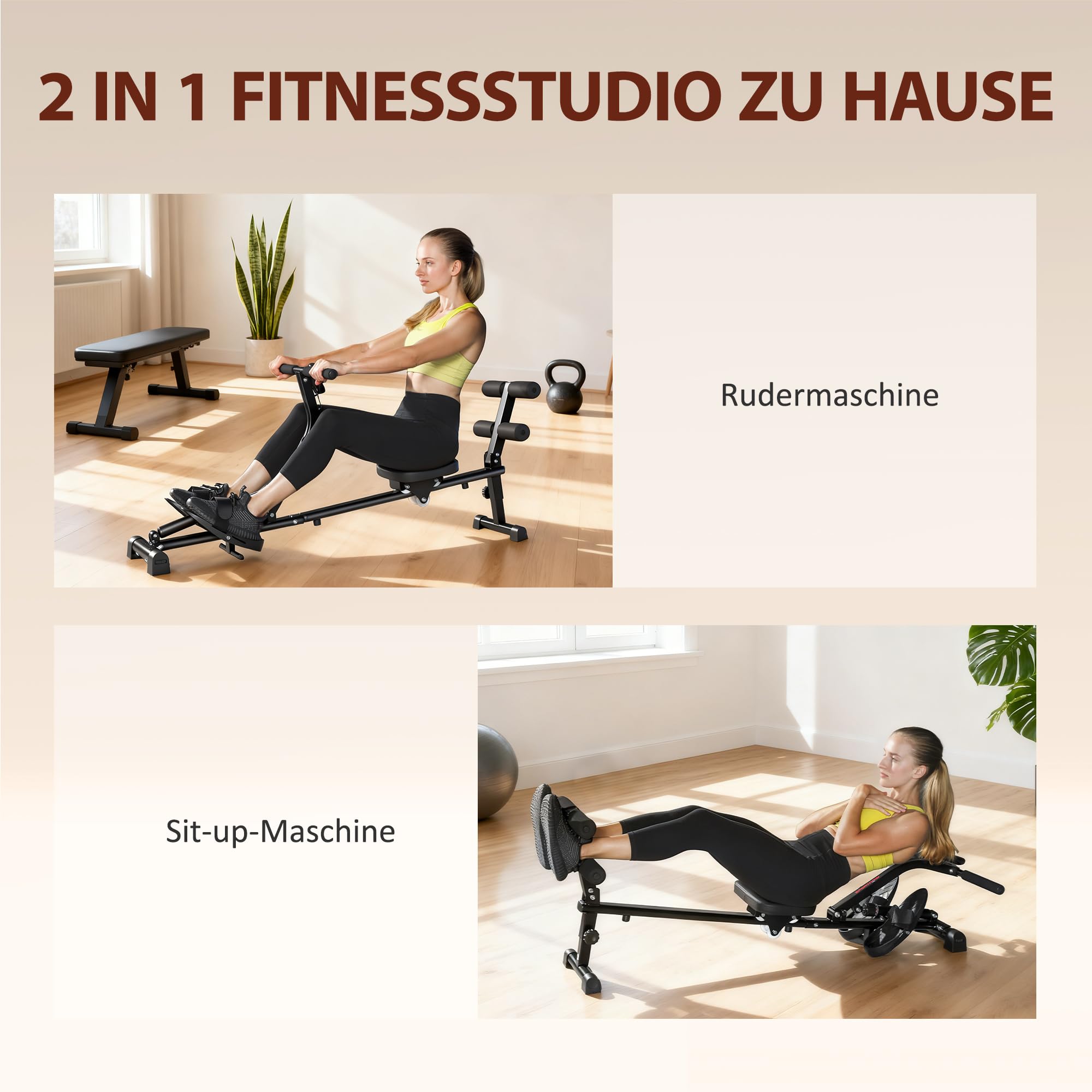 SPORTNOW 2 in 1 Rudergerät für Zuhause leises Rudergeräte mit 12 Widerstandsstufen LCD-Display Sit-up-Funktion Vertikale Lagerung Rudermaschine bis 100kg Heimrudergerät für Heimfitness