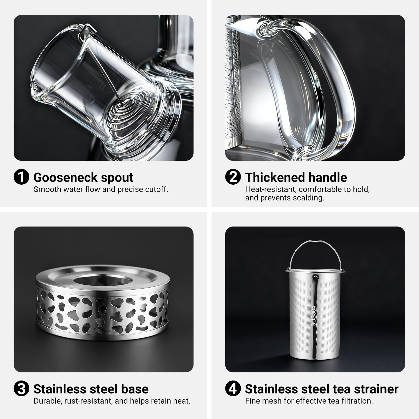 Teiera in vetro per teiera da 1500 ml - con base in acciaio inox e filtro removibile, realizzata in vetro borosilicato resistente al calore, adatta per tè verde, tè nero, tisane e bustine di tè