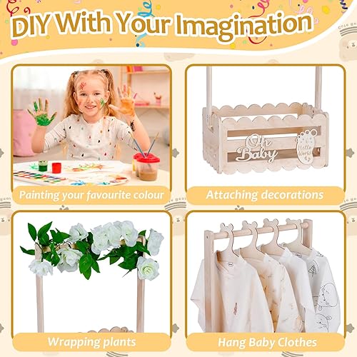 Miniatura 5 de efluky Armario de madera para baby shower con asa, cesta de almacenamiento, perchas de ropa de bebé, cesta de regalo de bienvenida para niño recién