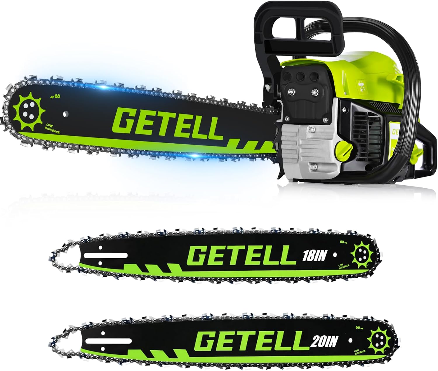 Getell G338 PRO 58cc Gas Chainsaw 20" & 18" Bars 3.6HP Easy Start Anti-Vibration for Farm Ranch Heavy Duty