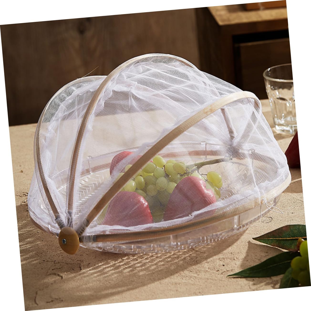 Amosfun Bamboo Drying Food Cover with Mesh Portable Outdoor Storage Basket for Fruits and Bread for Picnics and Camping Keeps Food Fresh and Protected