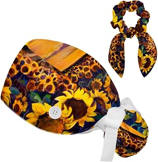 FVQL 2 Pieces Surgical Cap for Long Hair Scrub Cap with Hairband Nurse Cap, Sunflower Field Tree Sunset Pattern